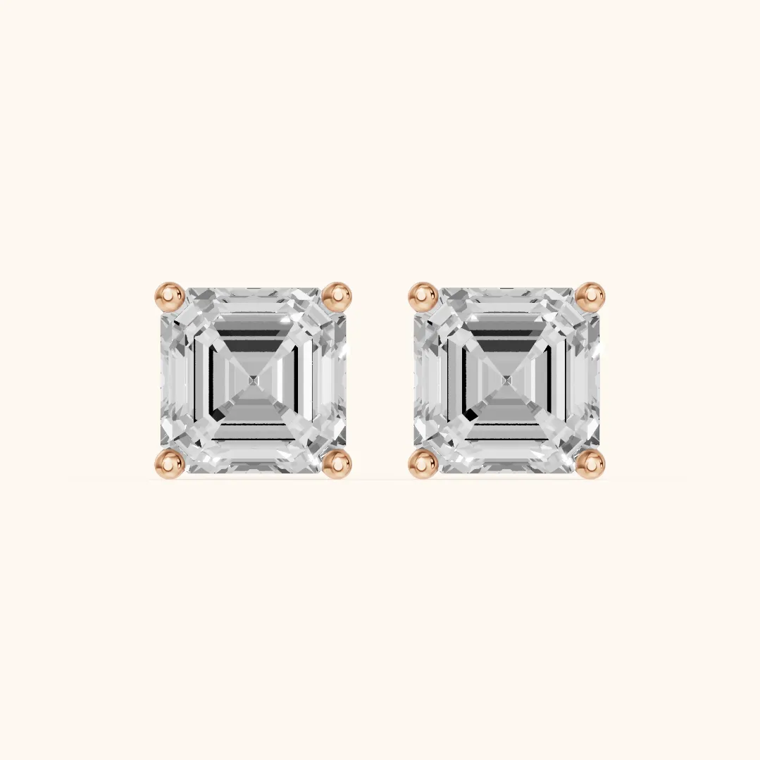 Four Prong Asscher Diamond Stud Earrings in Rose Gold — view 2