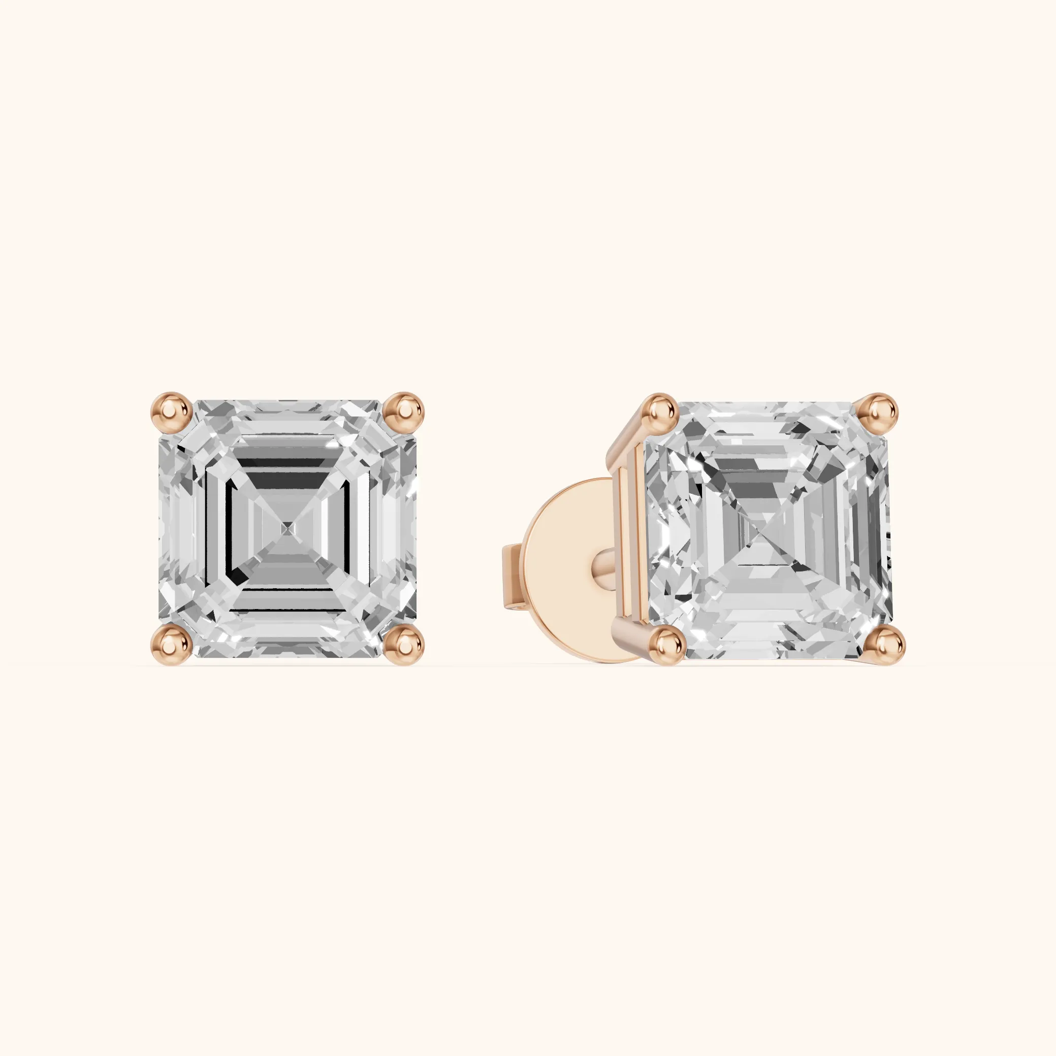 Four Prong Asscher Diamond Stud Earrings in Rose Gold — view 1