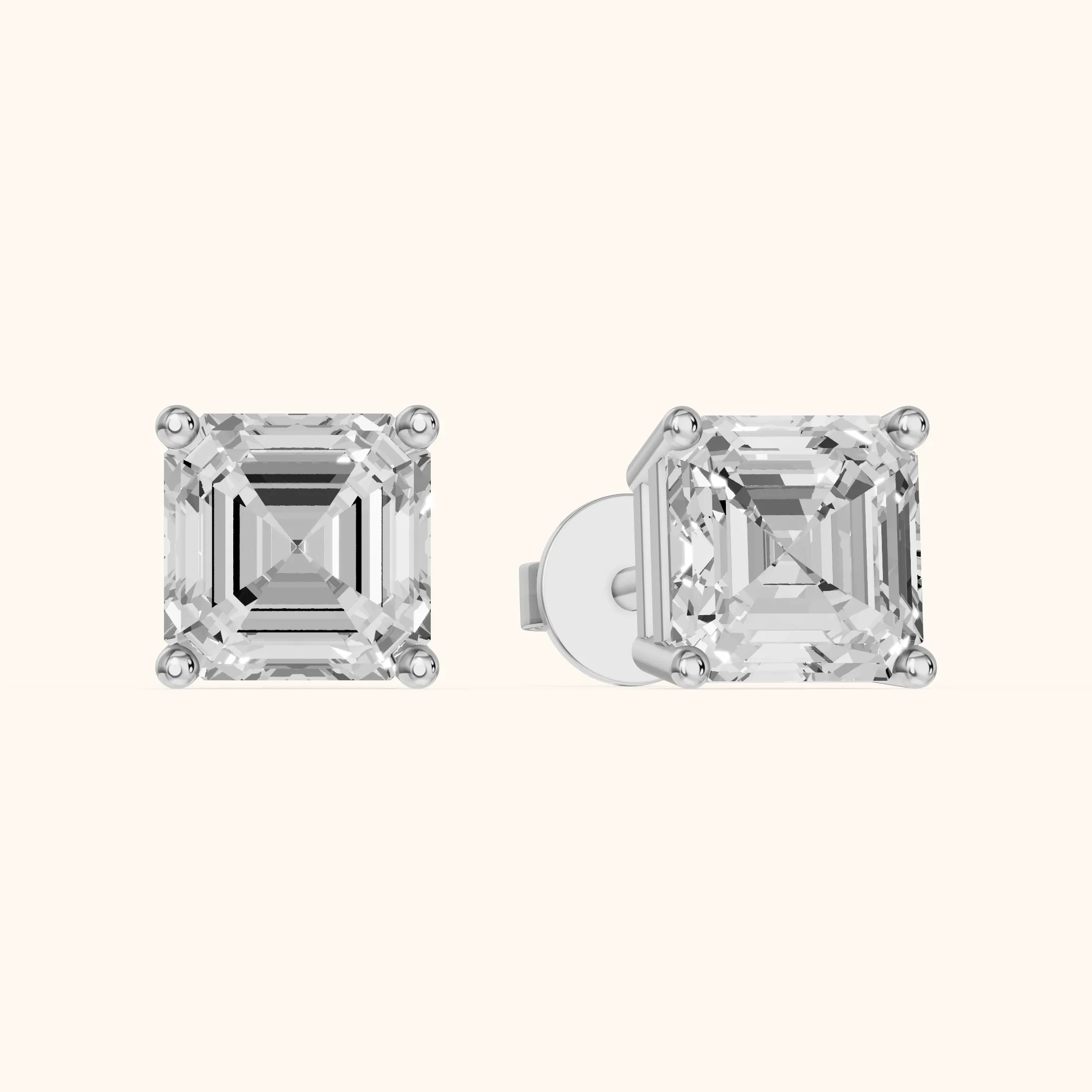 Four Prong Asscher Diamond Stud Earrings in Platinum — view 1