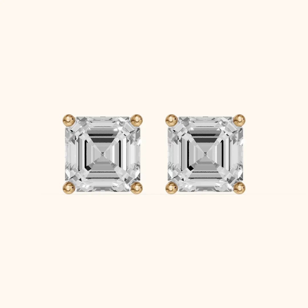 Four Prong Asscher Diamond Stud Earrings in Yellow Gold — view 2