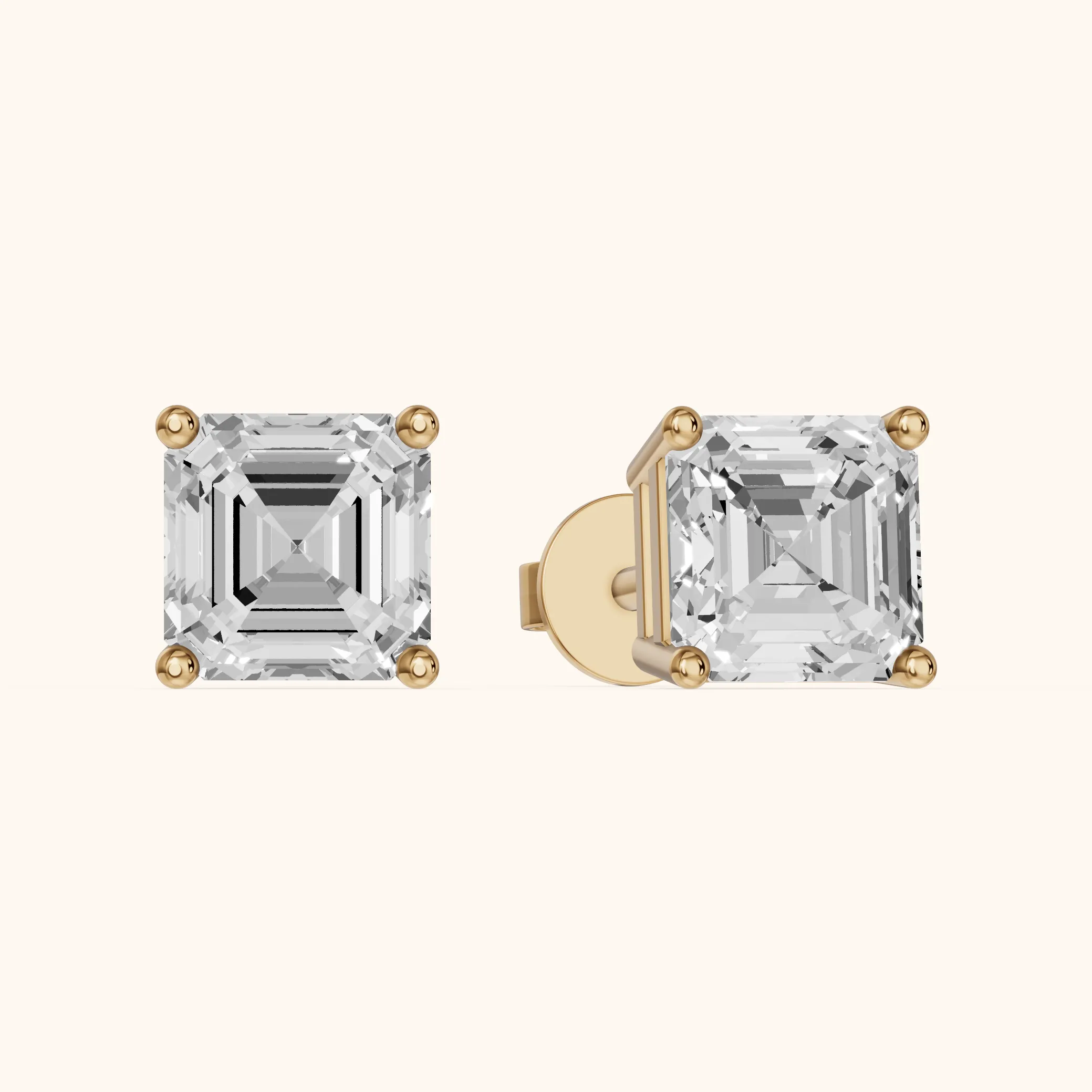 Four Prong Asscher Diamond Stud Earrings in Yellow Gold — view 1