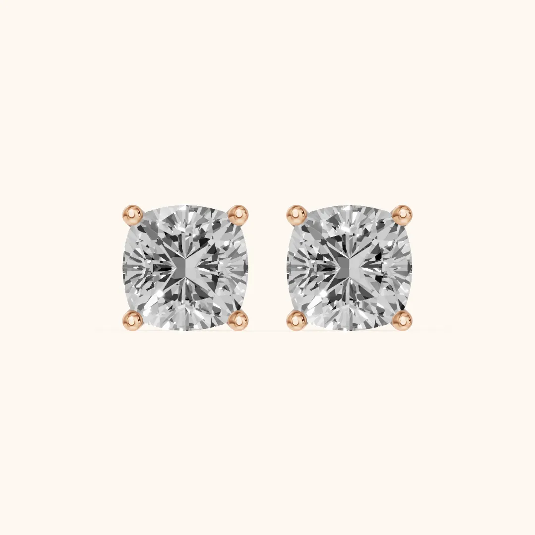 Four Prong Cushion Diamond Stud Earrings in Rose Gold — view 2