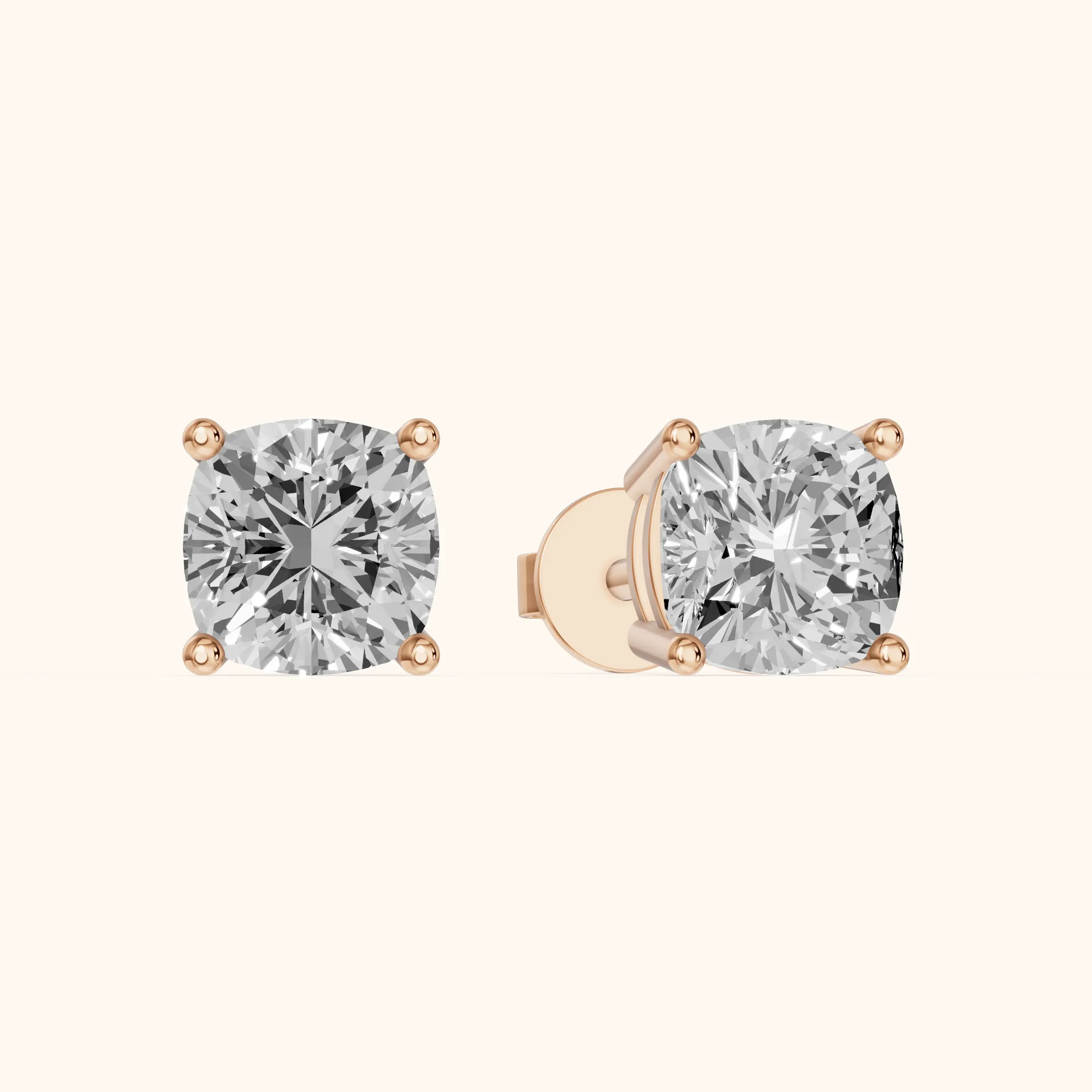Four Prong Cushion Diamond Stud Earrings in Rose Gold — view 1