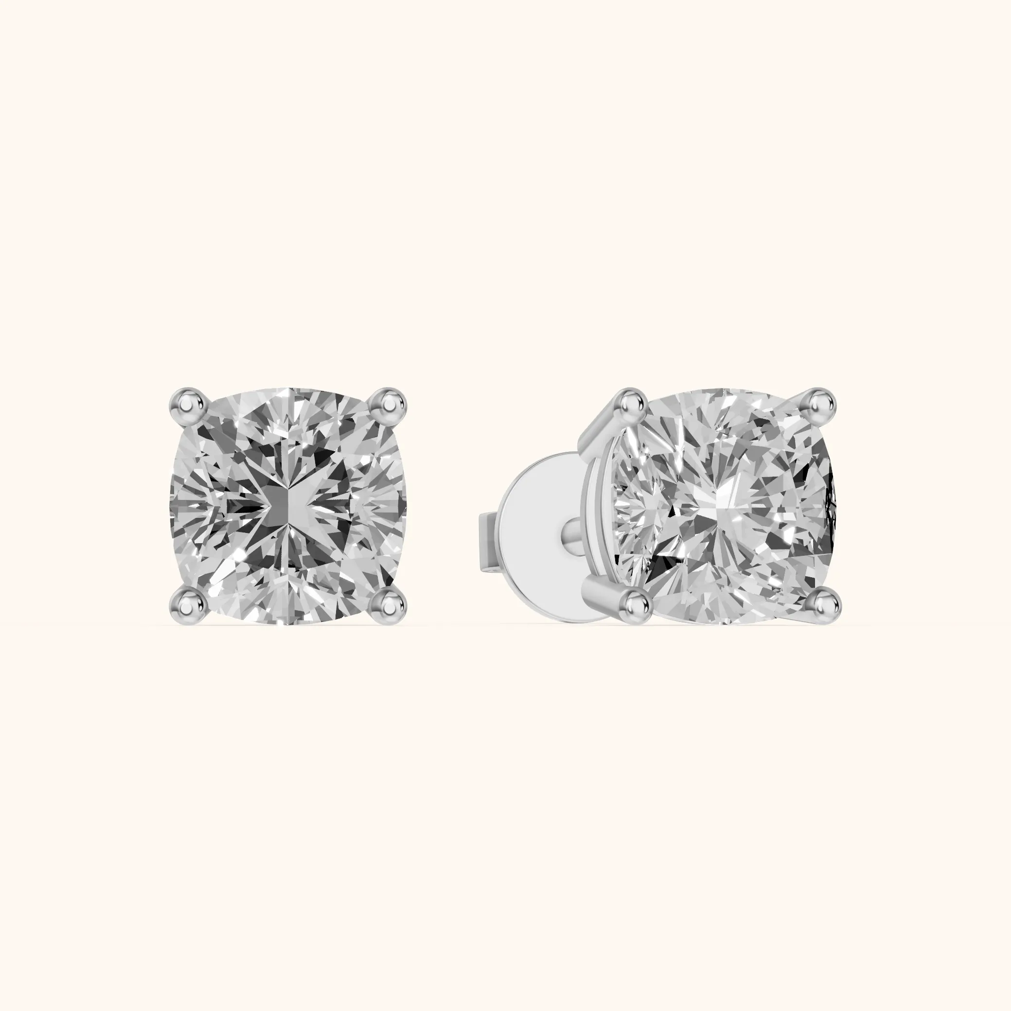 Four Prong Cushion Diamond Stud Earrings in White Gold — view 1