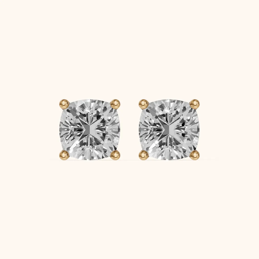 Four Prong Cushion Diamond Stud Earrings in Yellow Gold — view 2