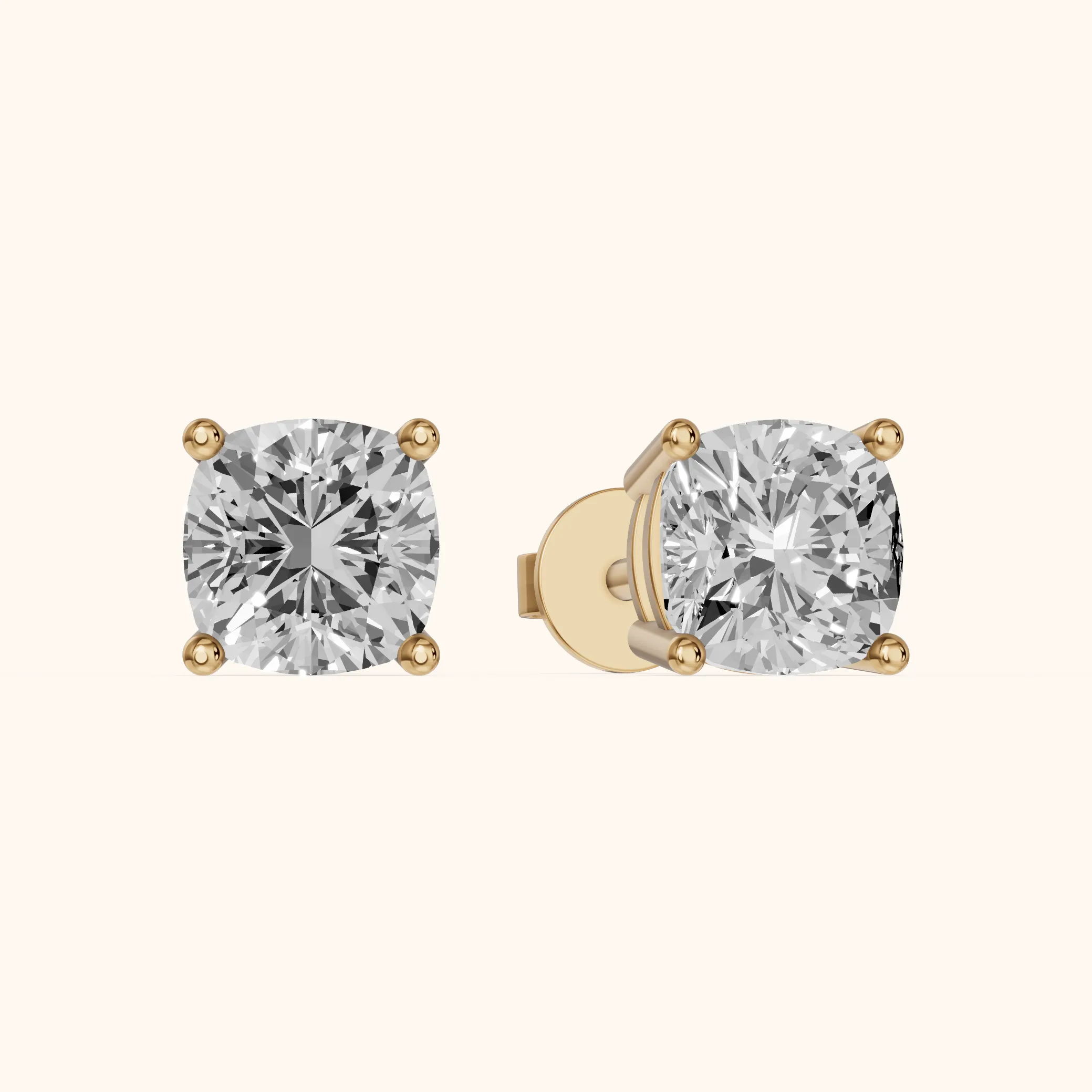 Four Prong Cushion Diamond Stud Earrings in Yellow Gold — view 1