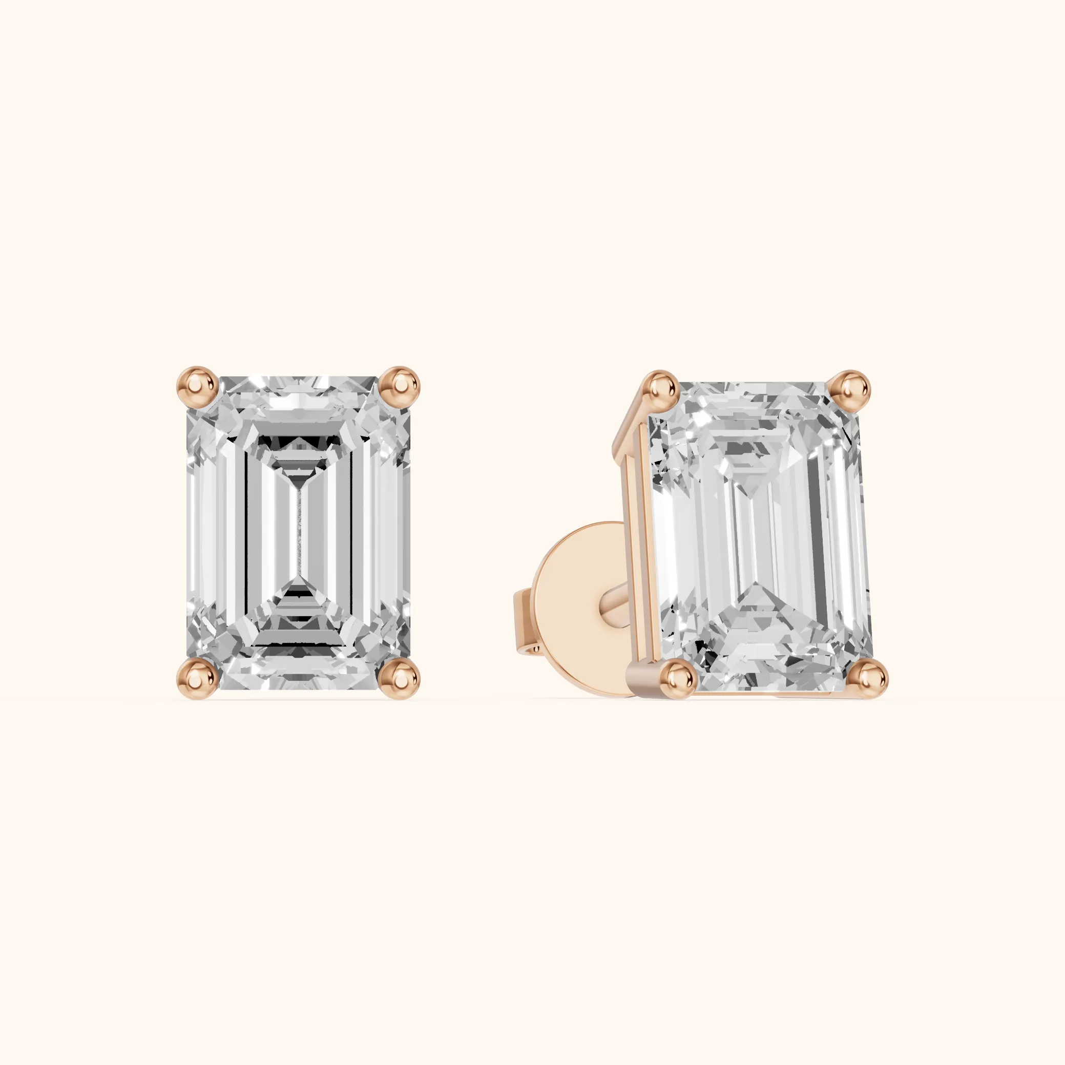 Puces d'oreilles en or rose serties de diamants émeraude à quatre griffes — view 1