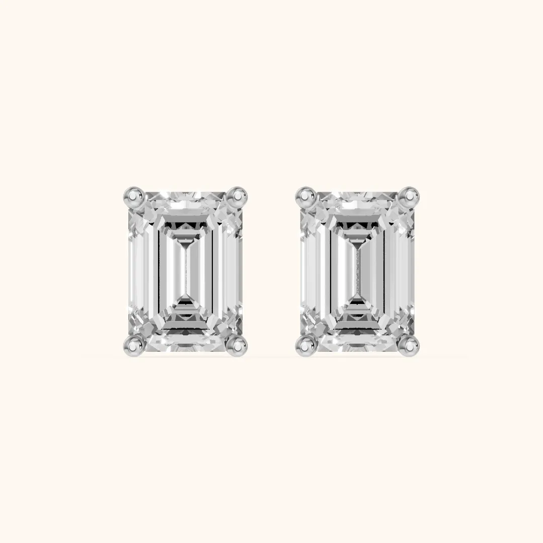Four Prong Emerald Diamond Stud Earrings in Platinum — view 2