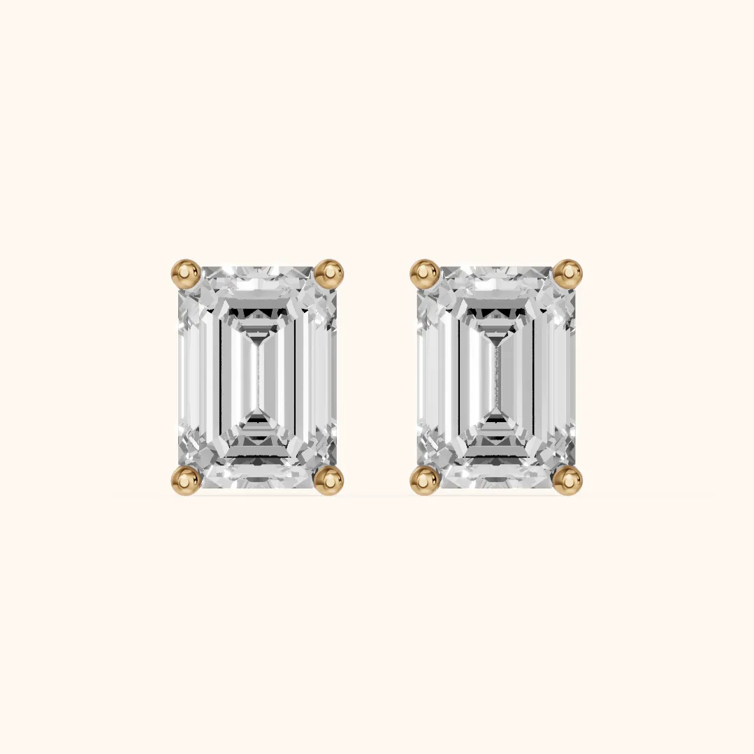Four Prong Emerald Diamond Stud Earrings in Yellow Gold — view 2