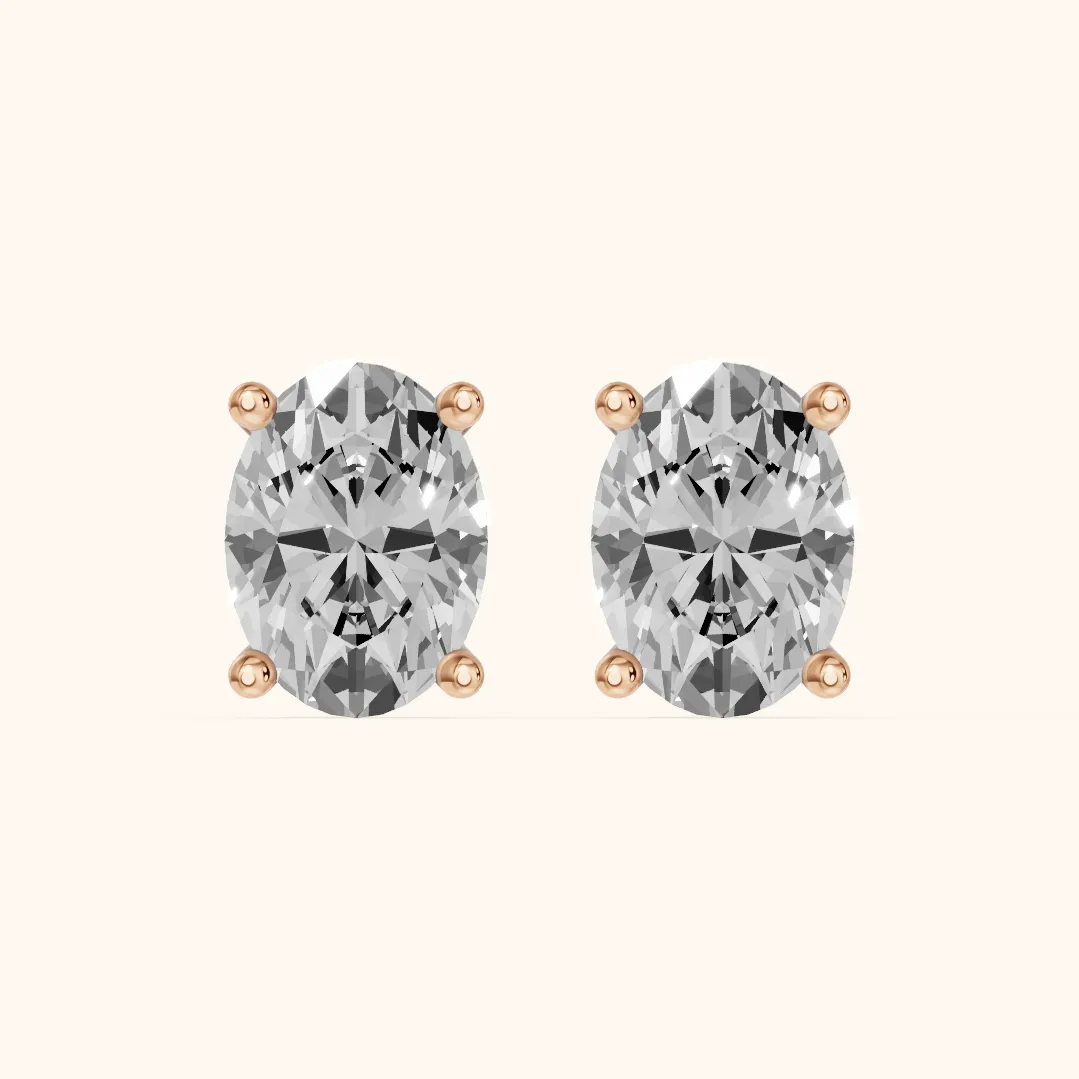 Puces d'oreilles ovales en diamant à quatre griffes en or rose — view 2