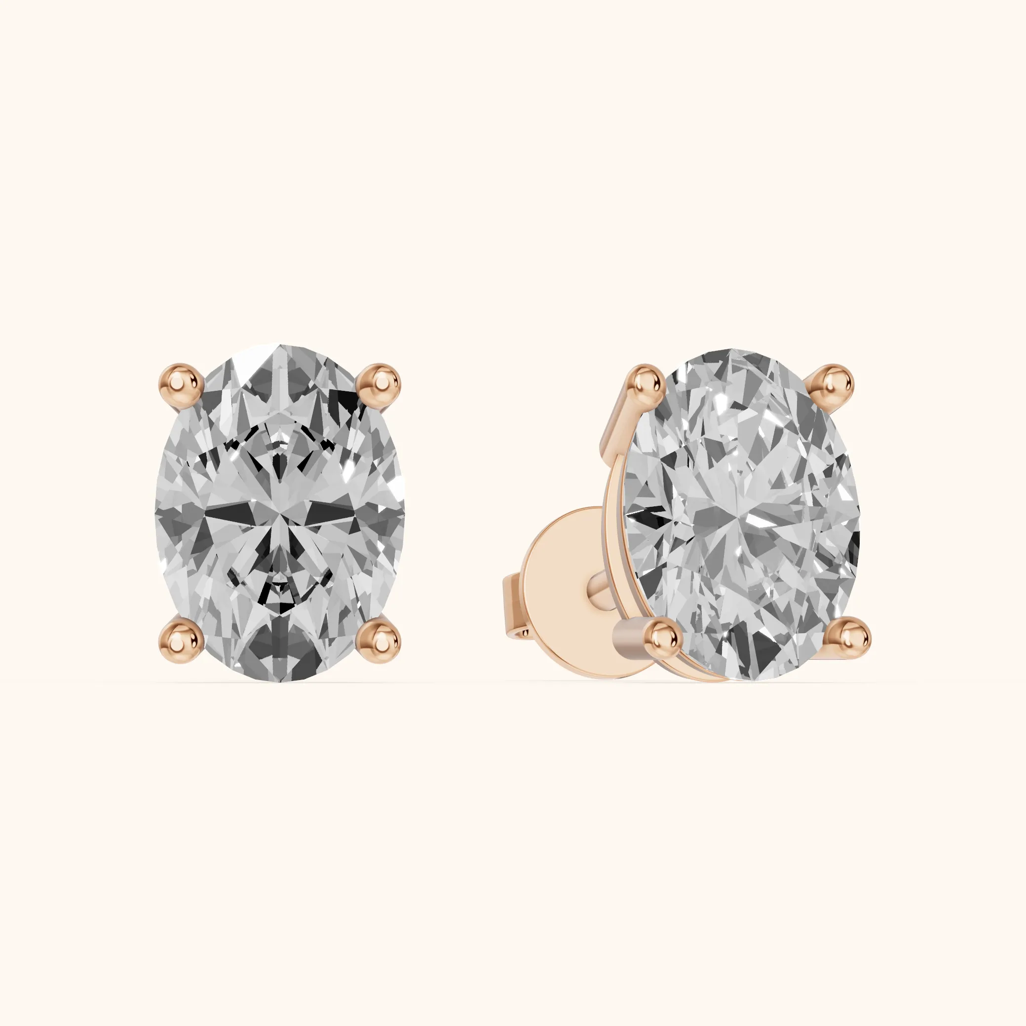Puces d'oreilles ovales en diamant à quatre griffes en or rose — view 1