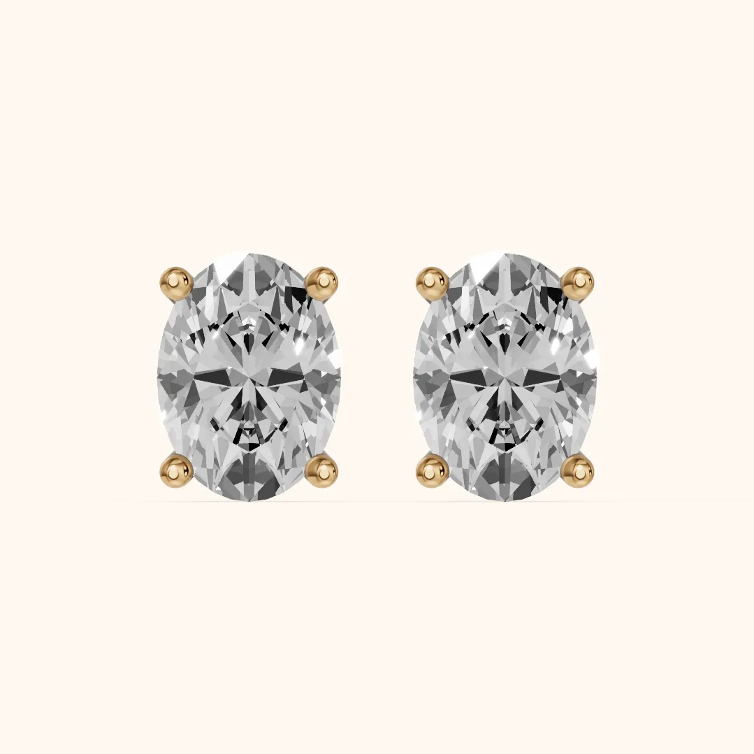 Four Prong Oval Diamond Stud Earrings in Yellow Gold — view 2