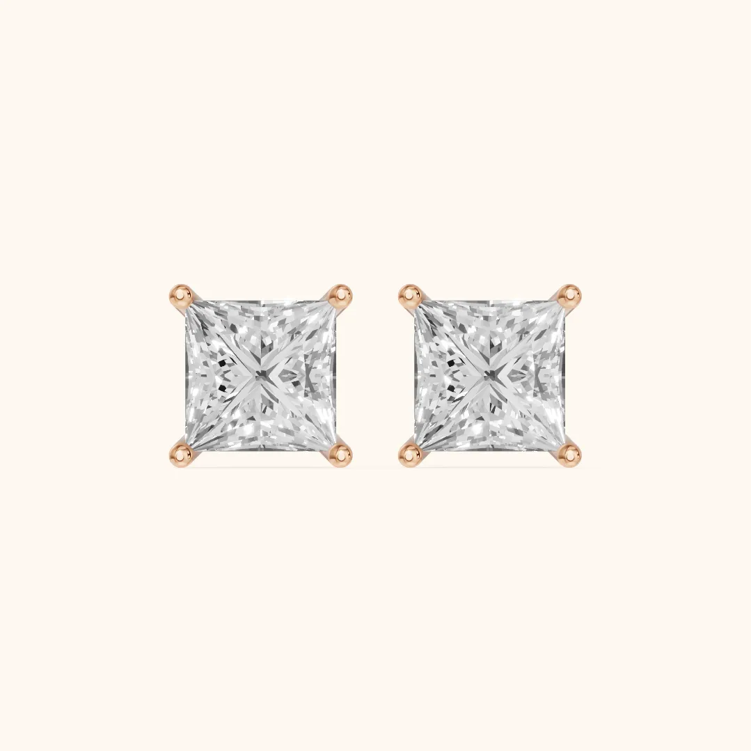 Puces d'oreilles diamant princesse à quatre griffes en or rose — view 2