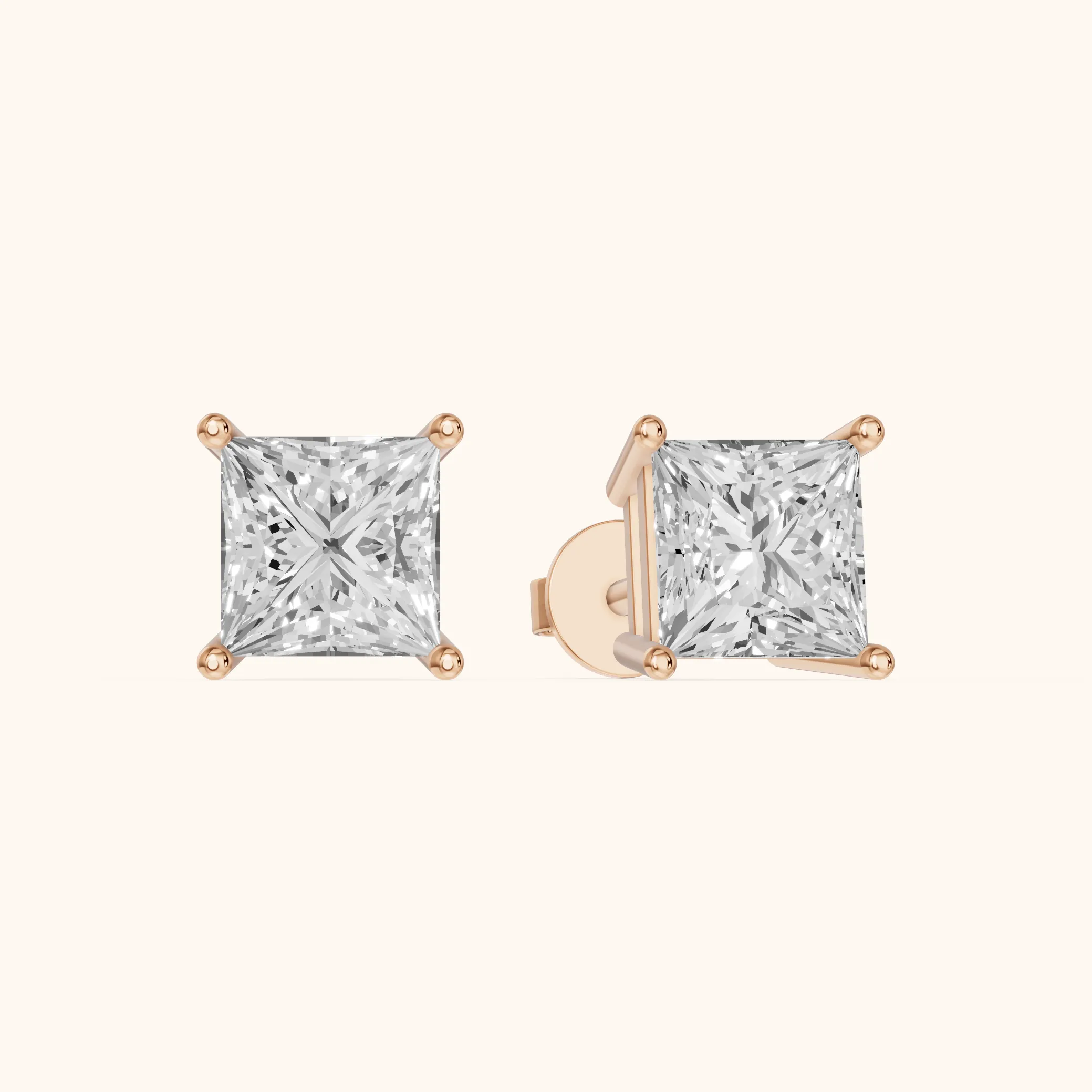 Puces d'oreilles diamant princesse à quatre griffes en or rose — view 1