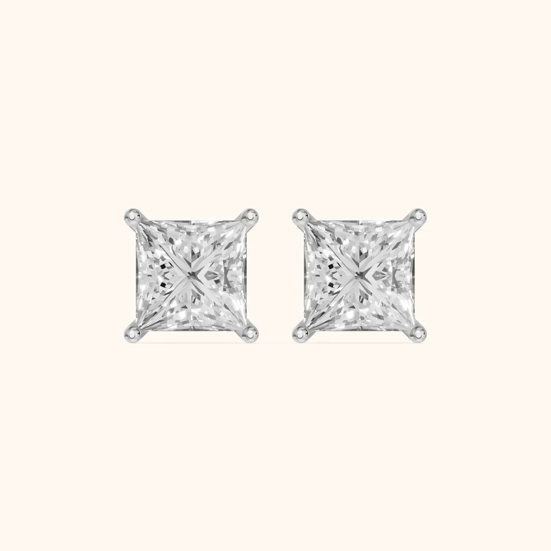 Four Prong Princess Diamond Stud Earrings in White Gold — view 2
