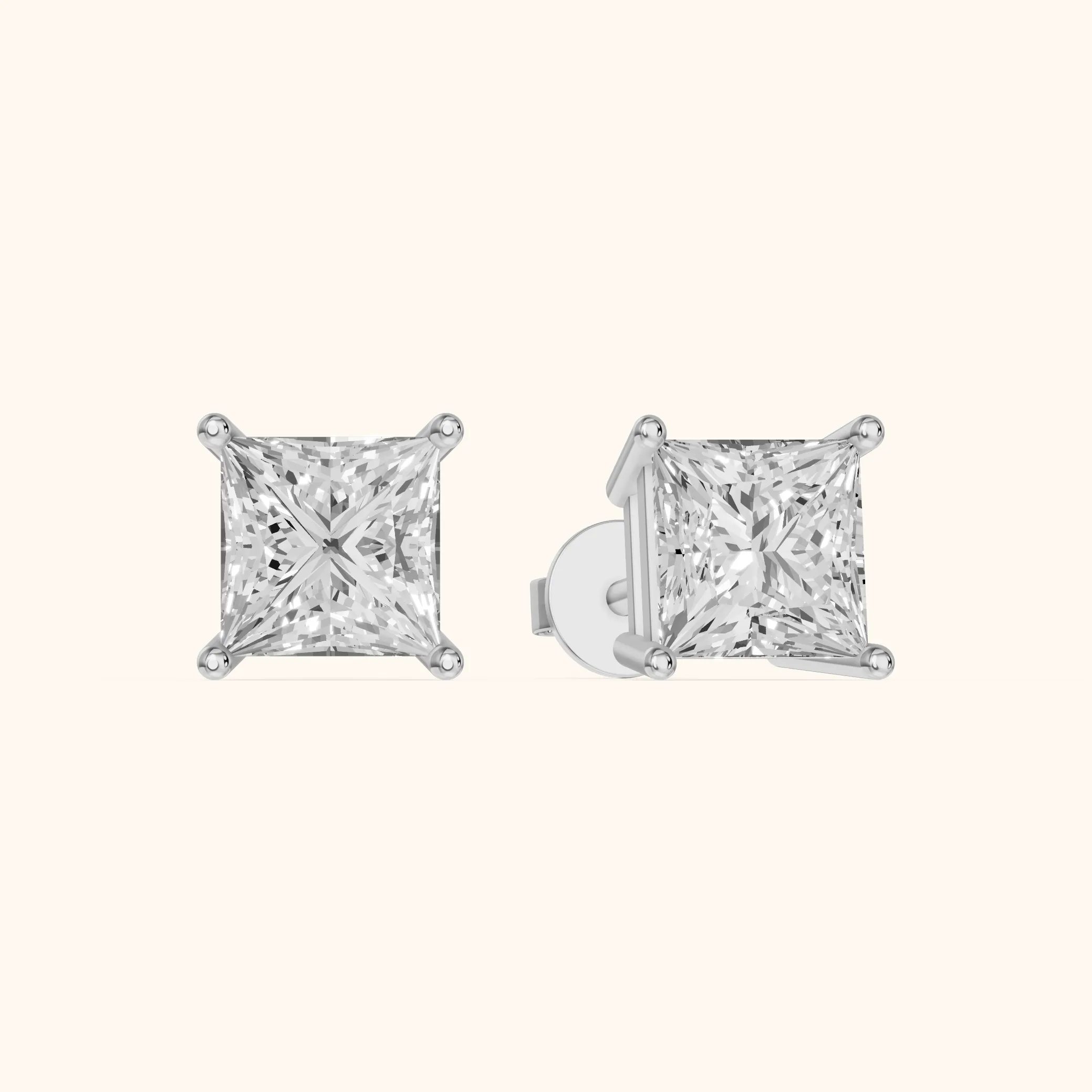 Four Prong Princess Diamond Stud Earrings in White Gold — view 1