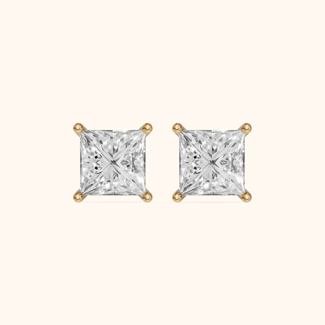 Four Prong Princess Diamond Stud Earrings in Yellow Gold — view 2