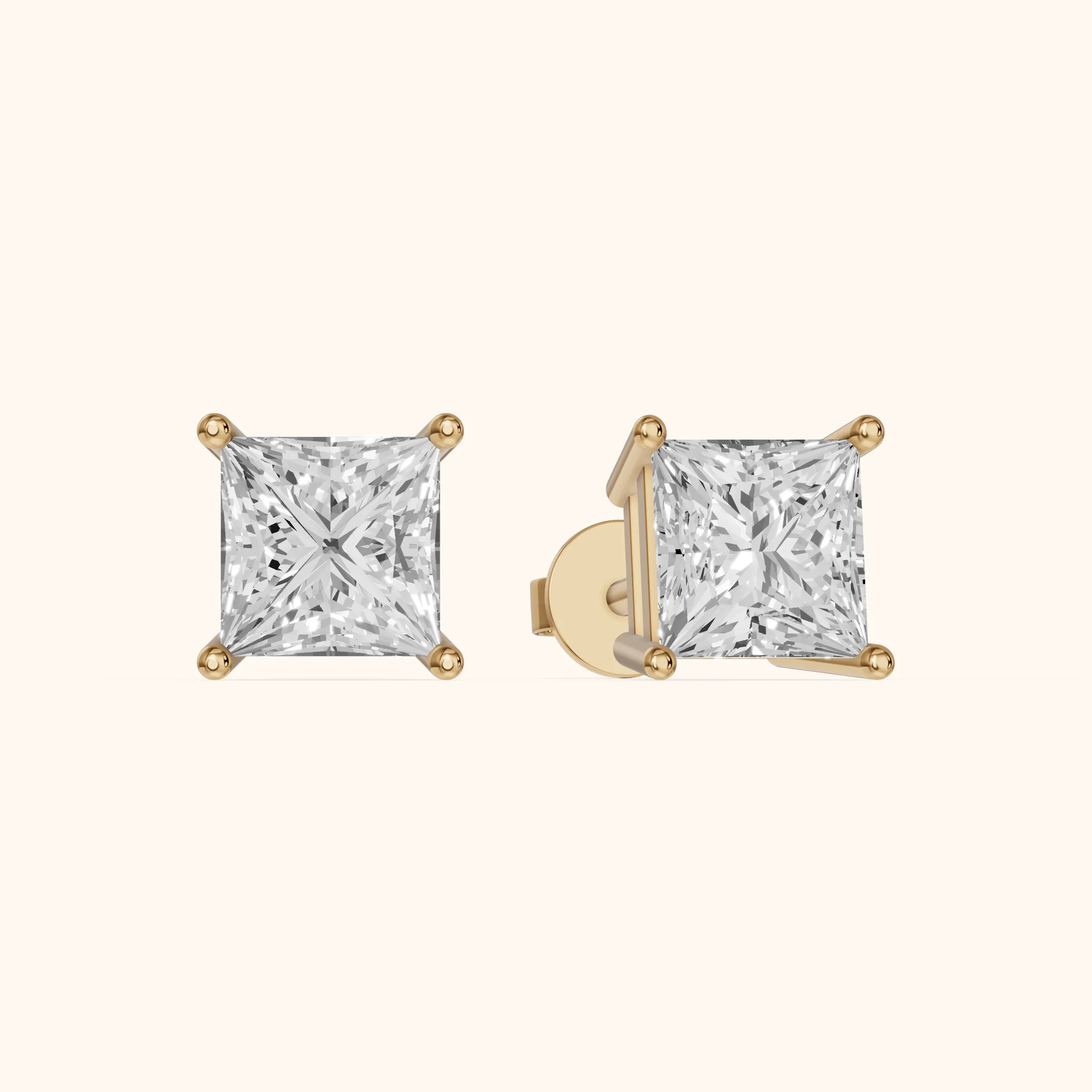 Four Prong Princess Diamond Stud Earrings in Yellow Gold — view 1