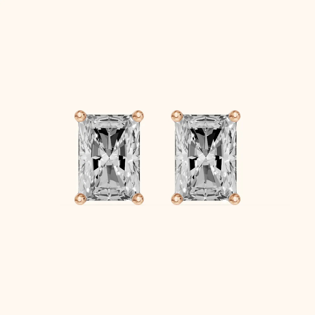 Four Prong Radiant Diamond Stud Earrings in Rose Gold — view 2