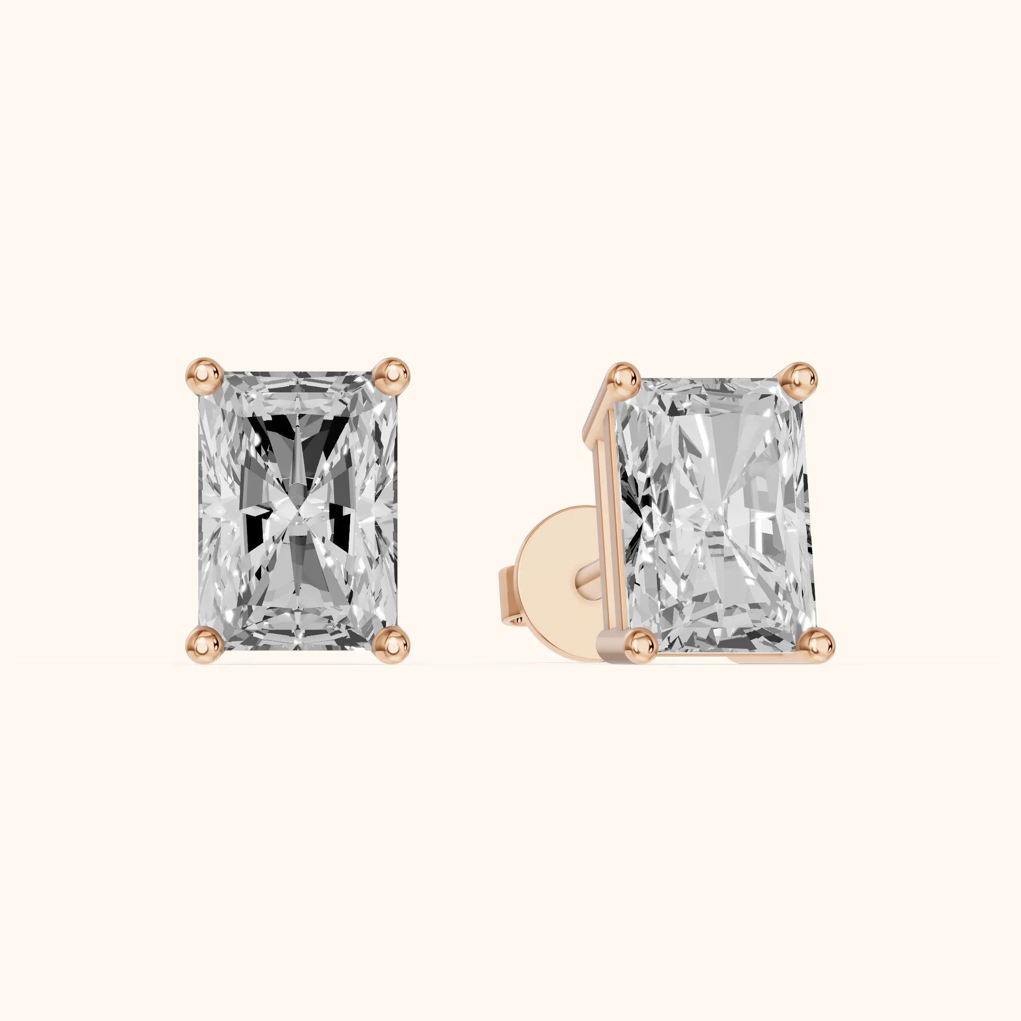 Four Prong Radiant Diamond Stud Earrings in Rose Gold — view 1