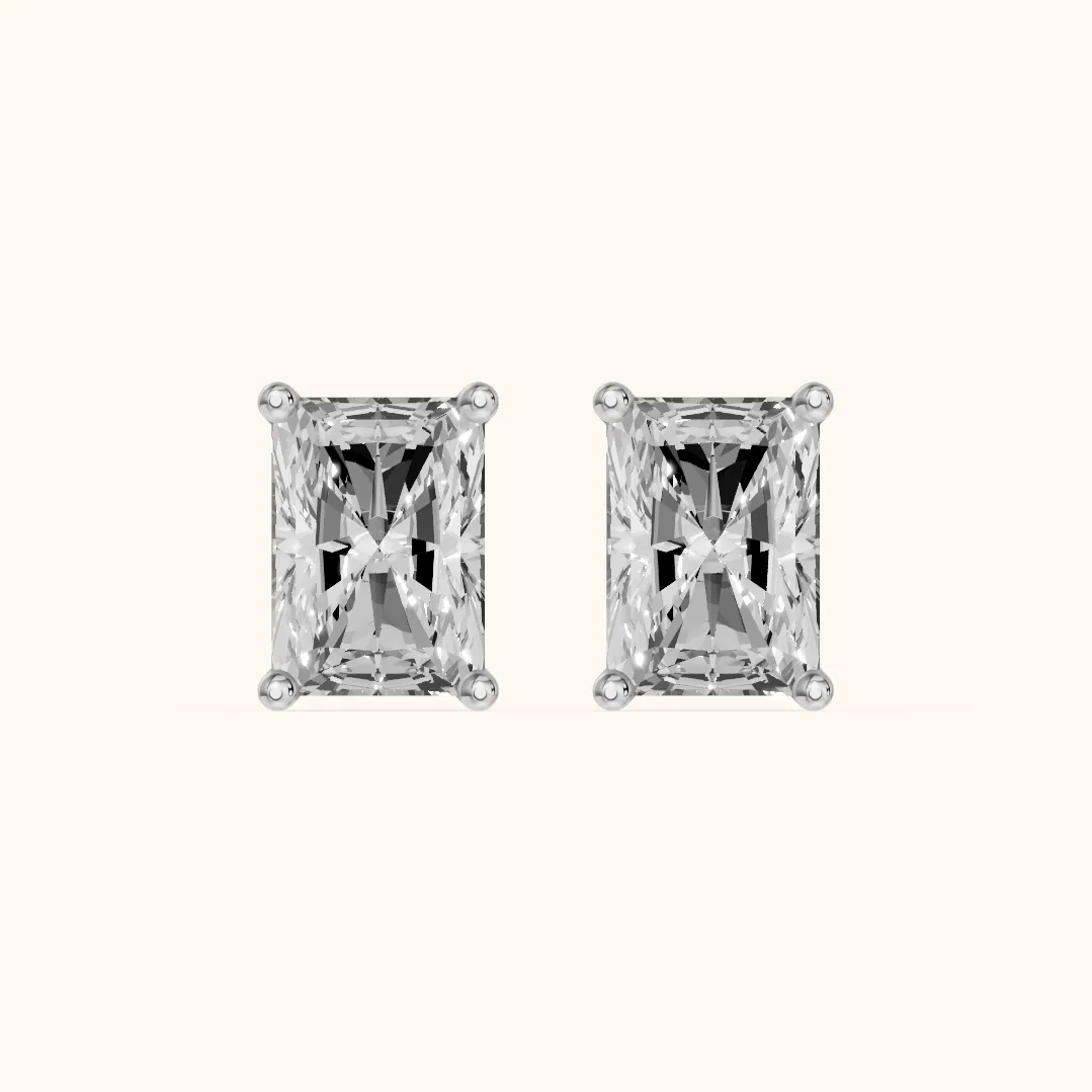 Four Prong Radiant Diamond Stud Earrings in Silver — view 2