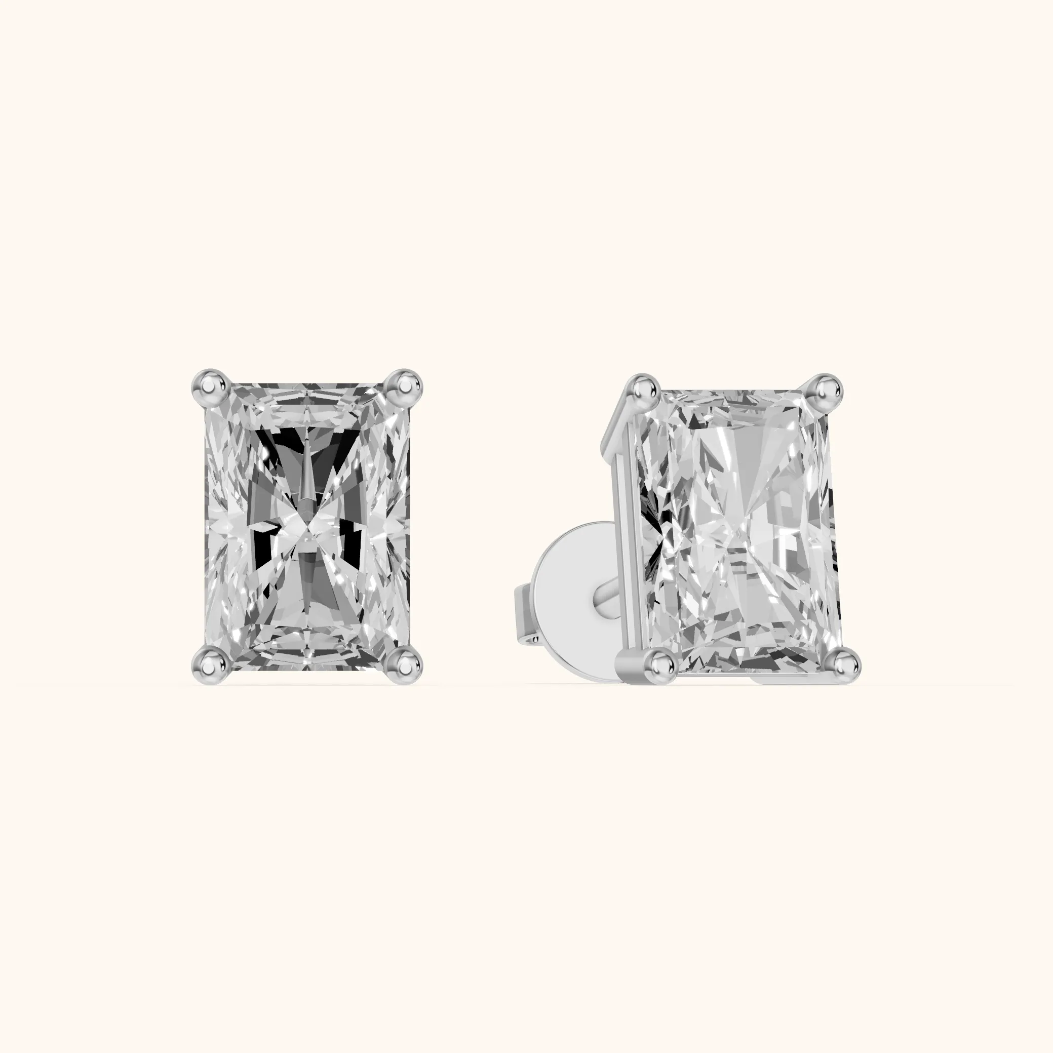 Four Prong Radiant Diamond Stud Earrings in Silver — view 1