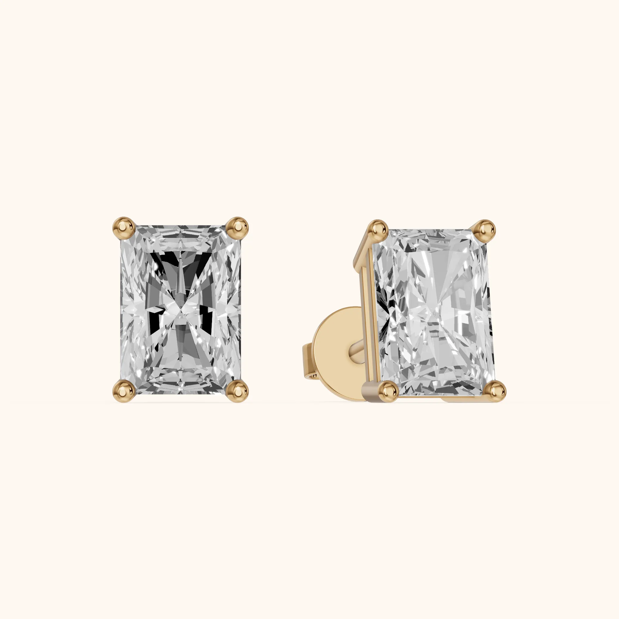 Four Prong Radiant Diamond Stud Earrings in Yellow Gold — view 1
