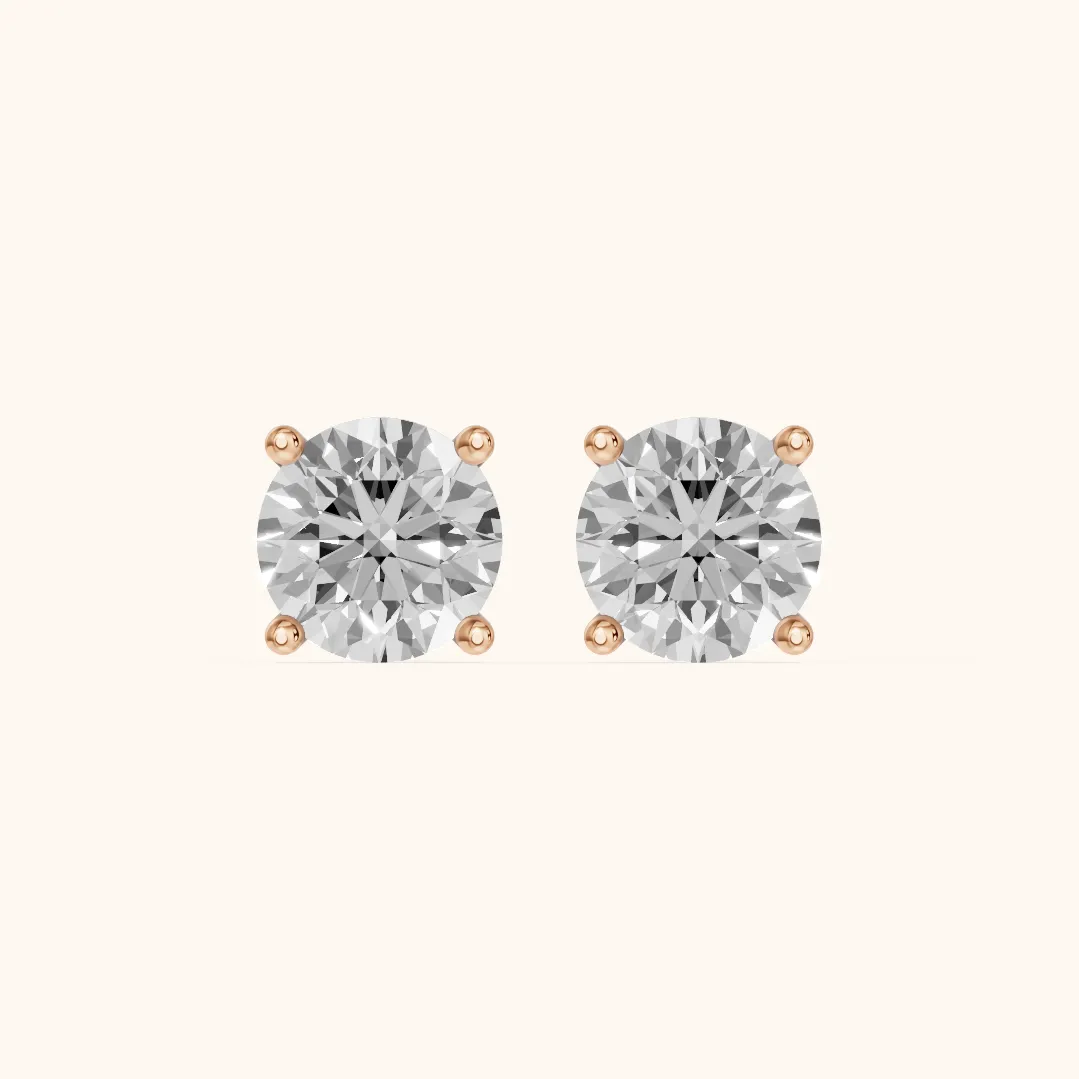 Four Prong Round Diamond Stud Earrings in Rose Gold — view 2