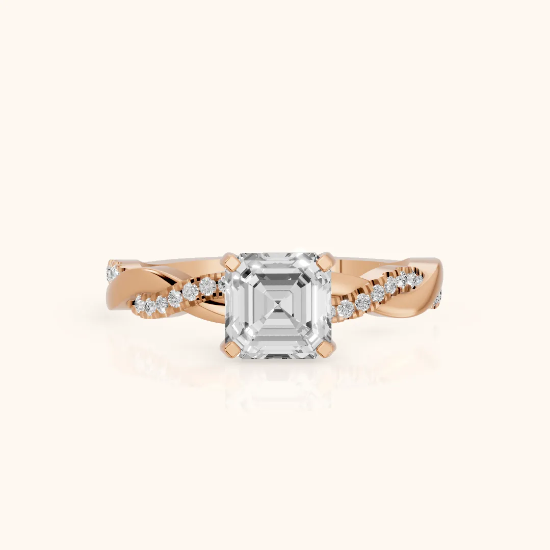 Bague de Fiançailles Diamant Asscher avec Pierre Latérale Torsadée en Or Rose