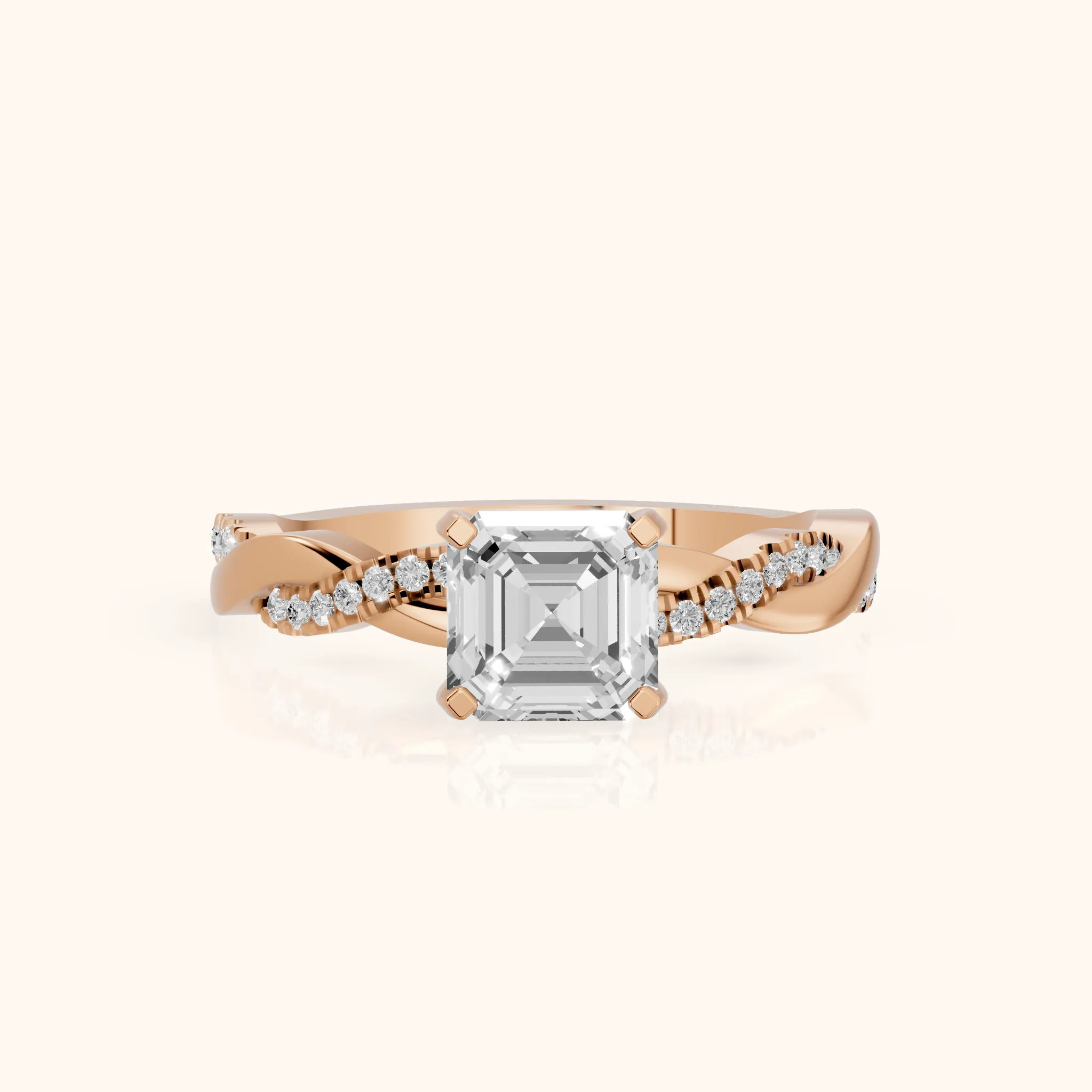 Bague de Fiançailles Diamant Asscher avec Pierre Latérale Torsadée en Or Rose — view 1