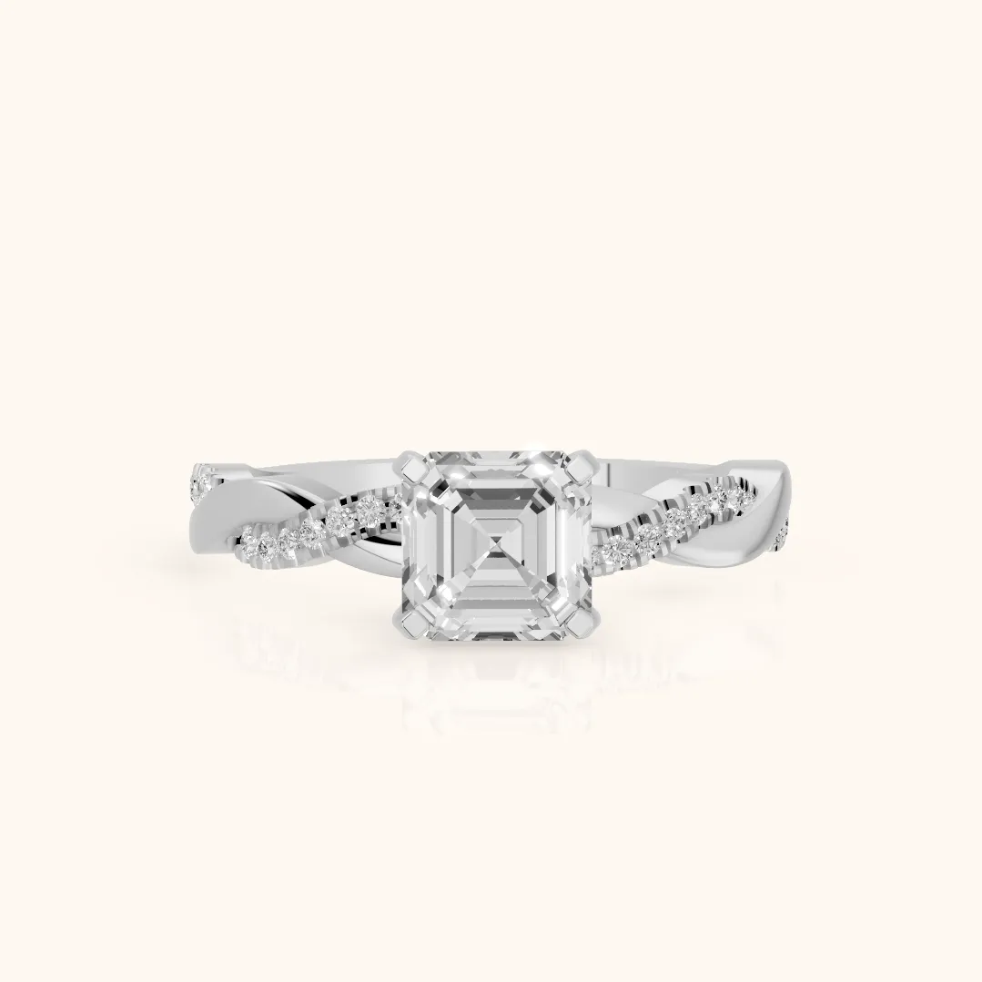 Bague de fiançailles en argent avec diamant Asscher et pierres latérales torsadées