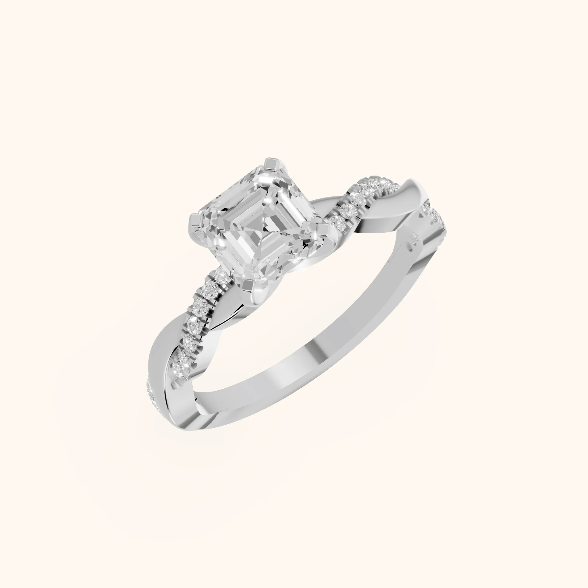 Bague de fiançailles en argent avec diamant Asscher et pierres latérales torsadées