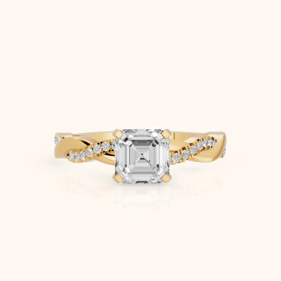 Bague de Fiançailles Diamant Asscher avec Pierre Latérale Torsadée en Or Jaune