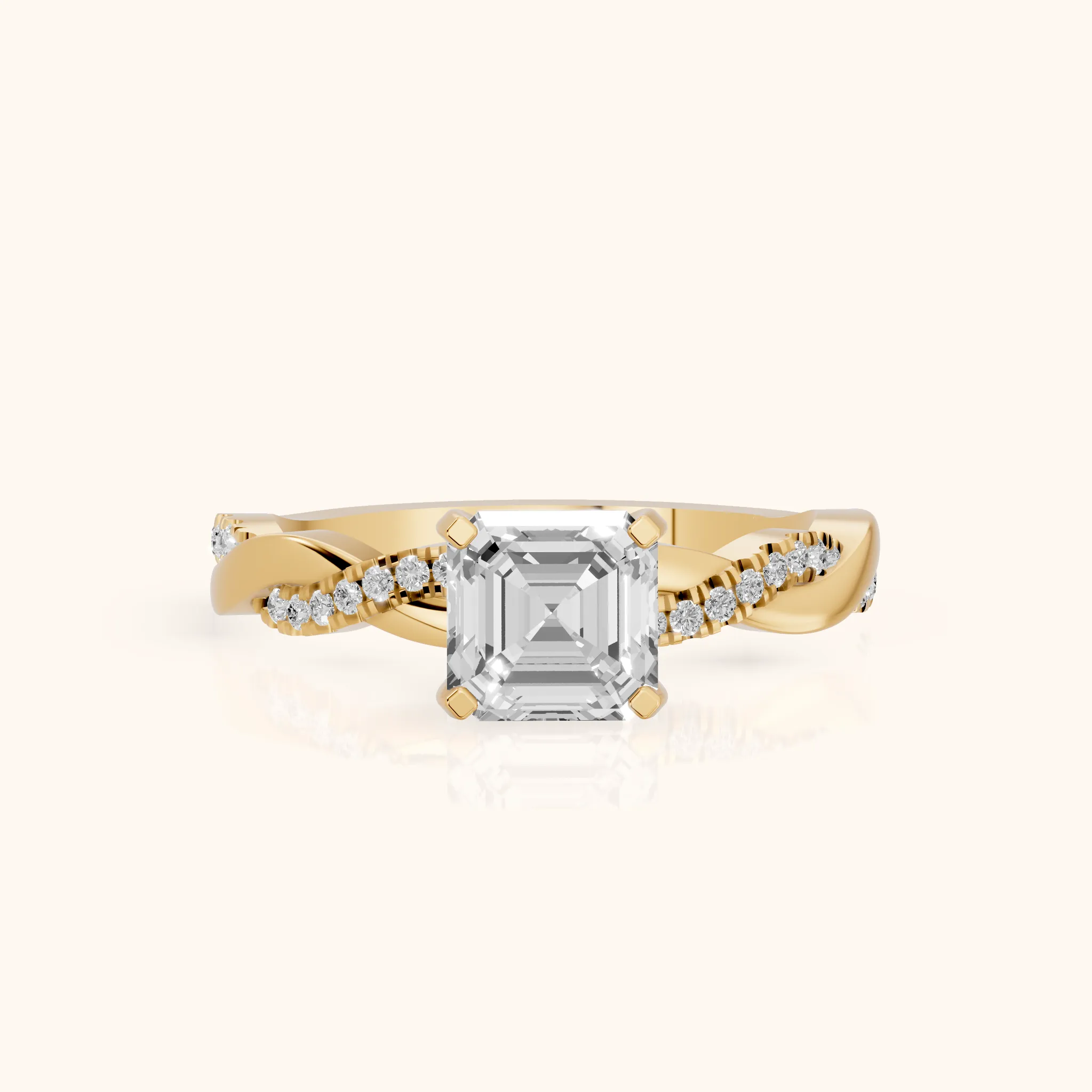 Bague de Fiançailles Diamant Asscher avec Pierre Latérale Torsadée en Or Jaune — view 1