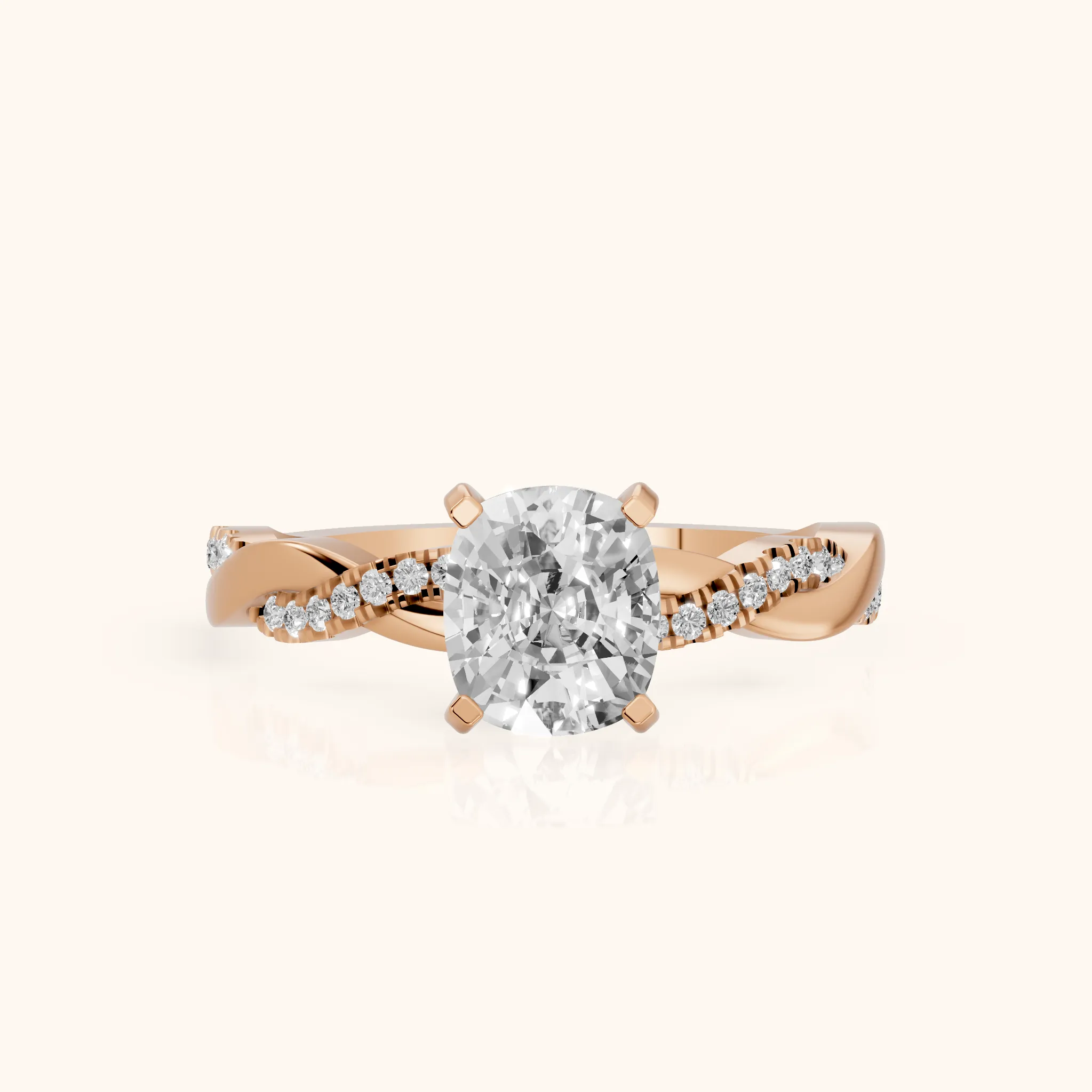Bague de fiançailles en or rose avec diamant coussin et pierres latérales torsadées — view 1