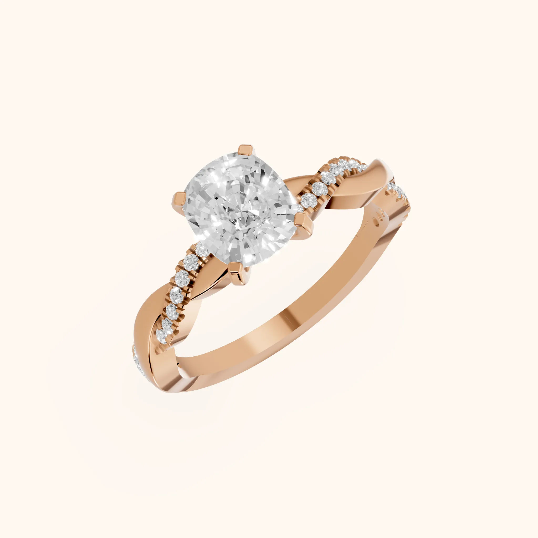 Bague de fiançailles en or rose avec diamant coussin et pierres latérales torsadées