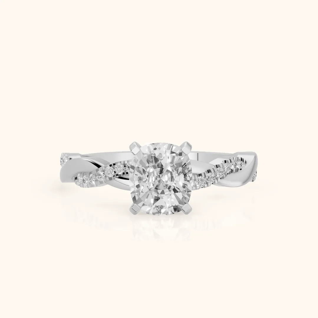 Bague de Fiançailles en Argent avec Diamant Coussin et Anneau Entrelacé