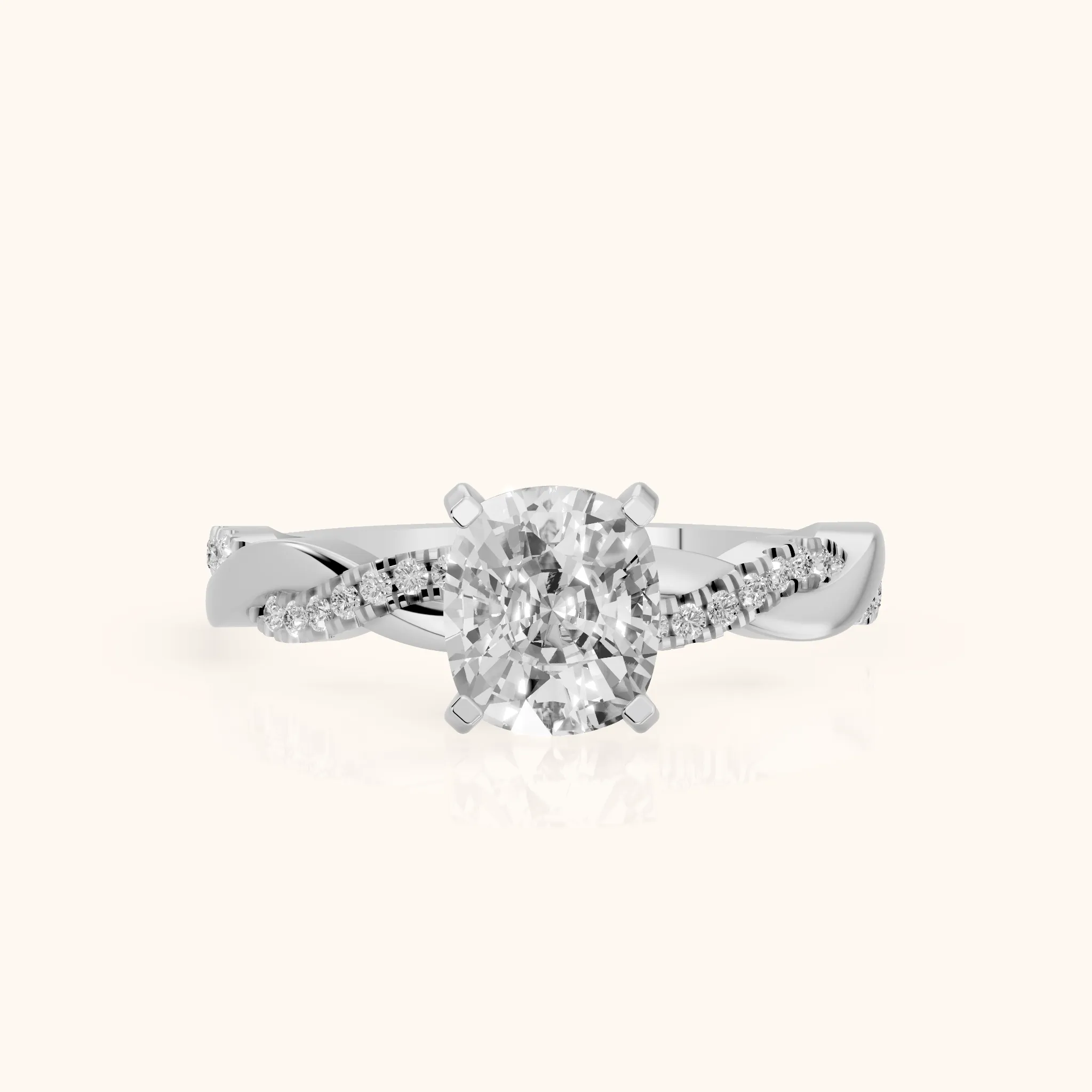Bague de Fiançailles Diamant Coussin avec Pierre Latérale Torsadée en Platine — view 1
