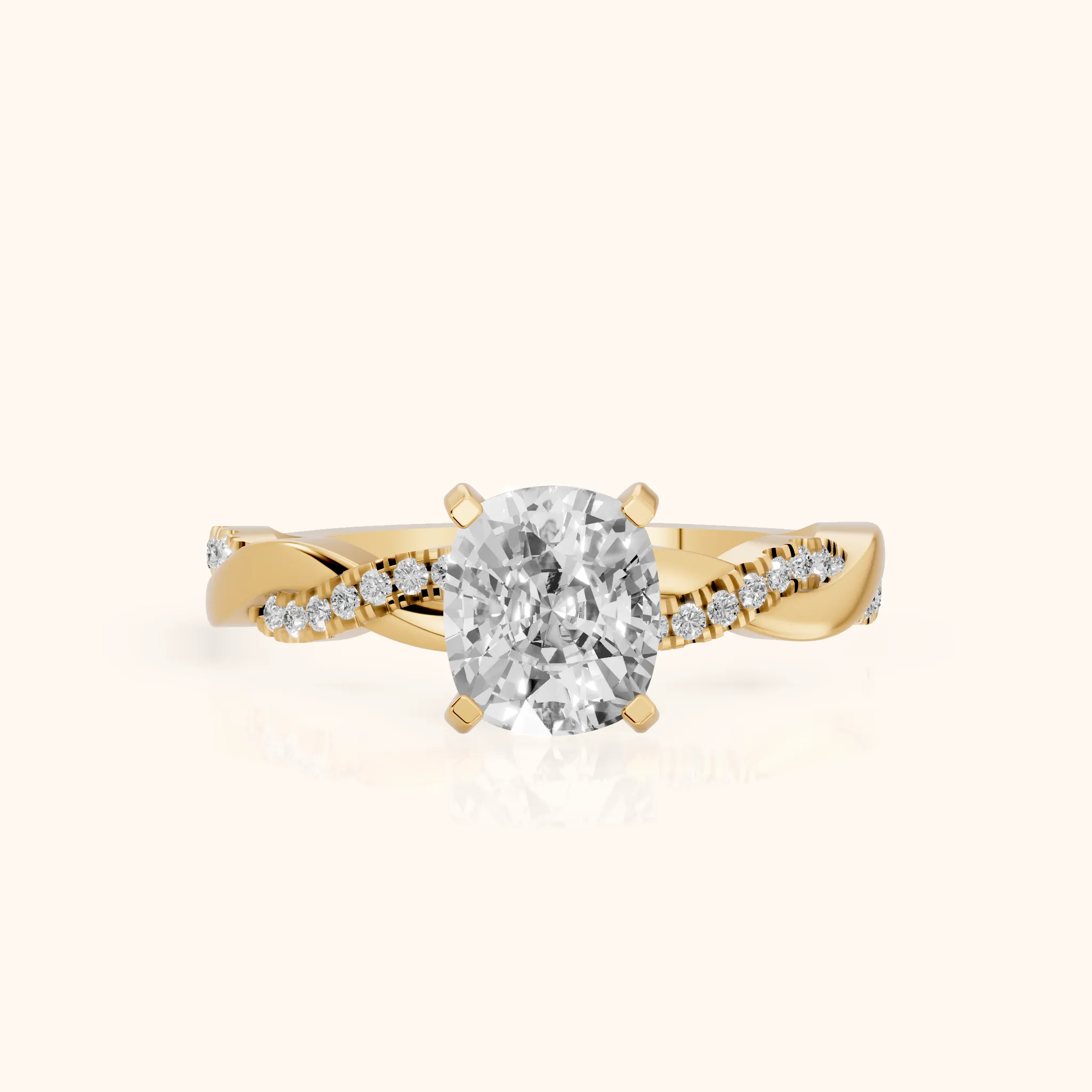 Bague de Fiançailles Diamant Coussin avec Pierre Latérale Torsadée en Or Jaune — view 1