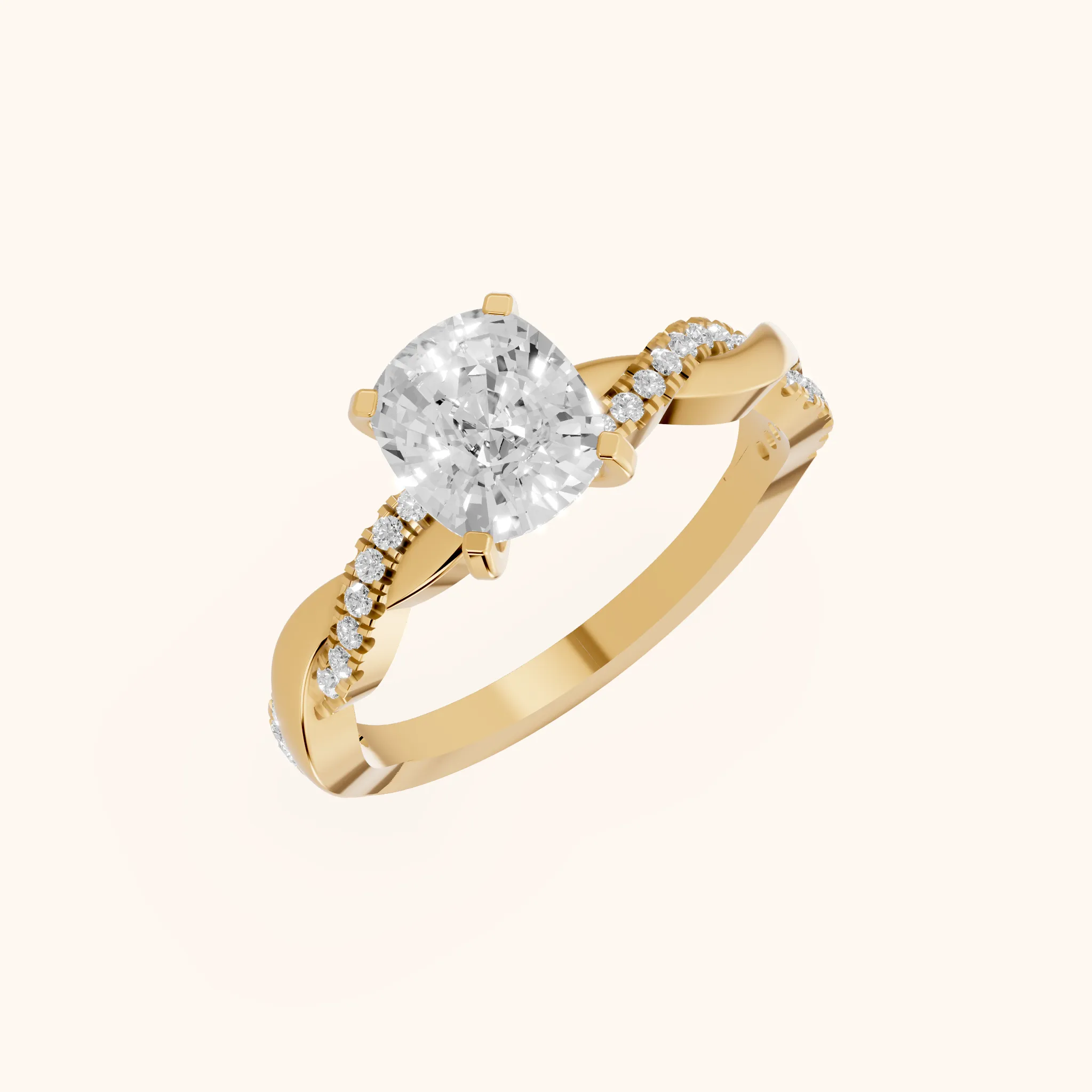 Bague de Fiançailles Diamant Coussin avec Pierre Latérale Torsadée en Or Jaune