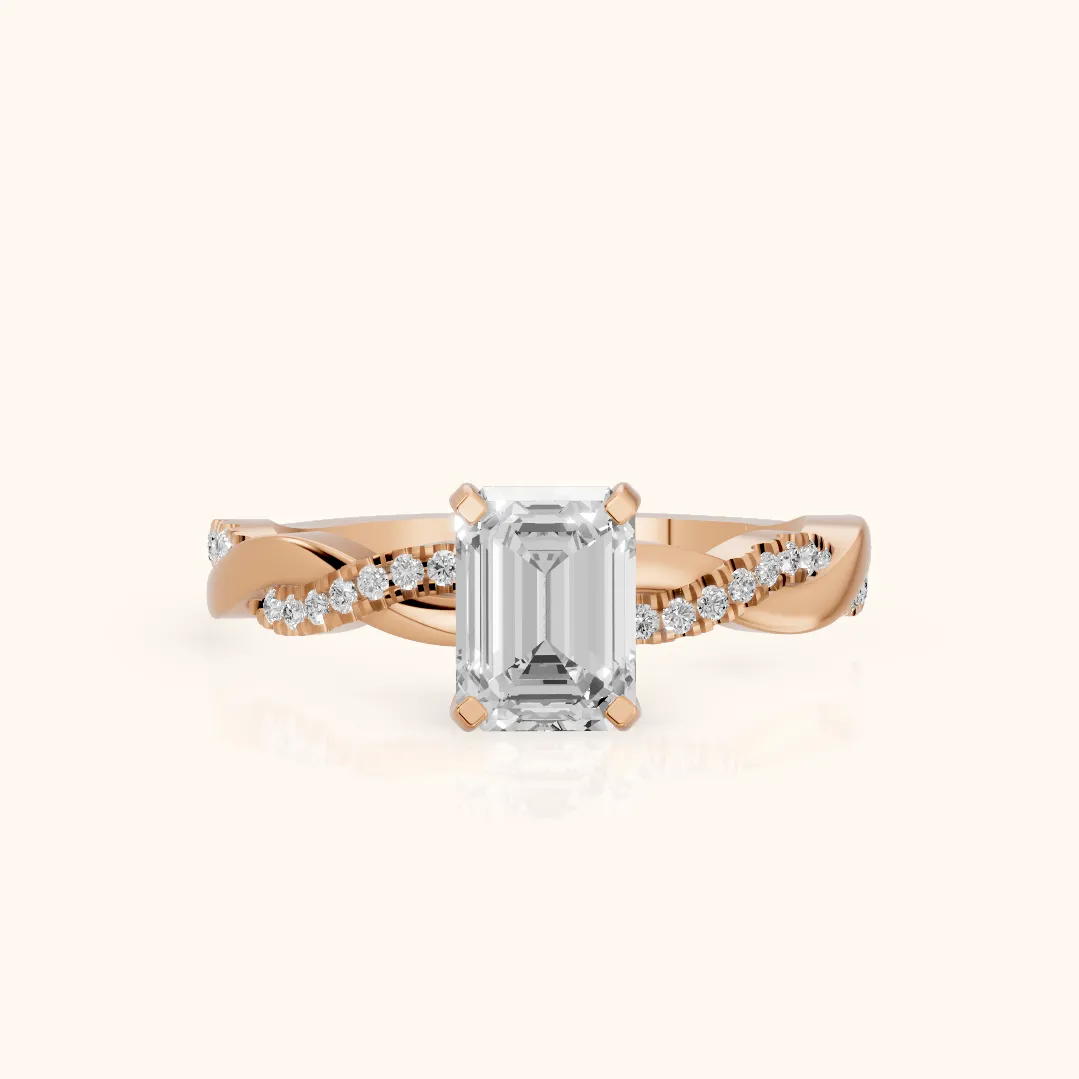 Bague de Fiançailles en Or Rose avec Diamant Émeraude et Pierre Latérale Torsadée