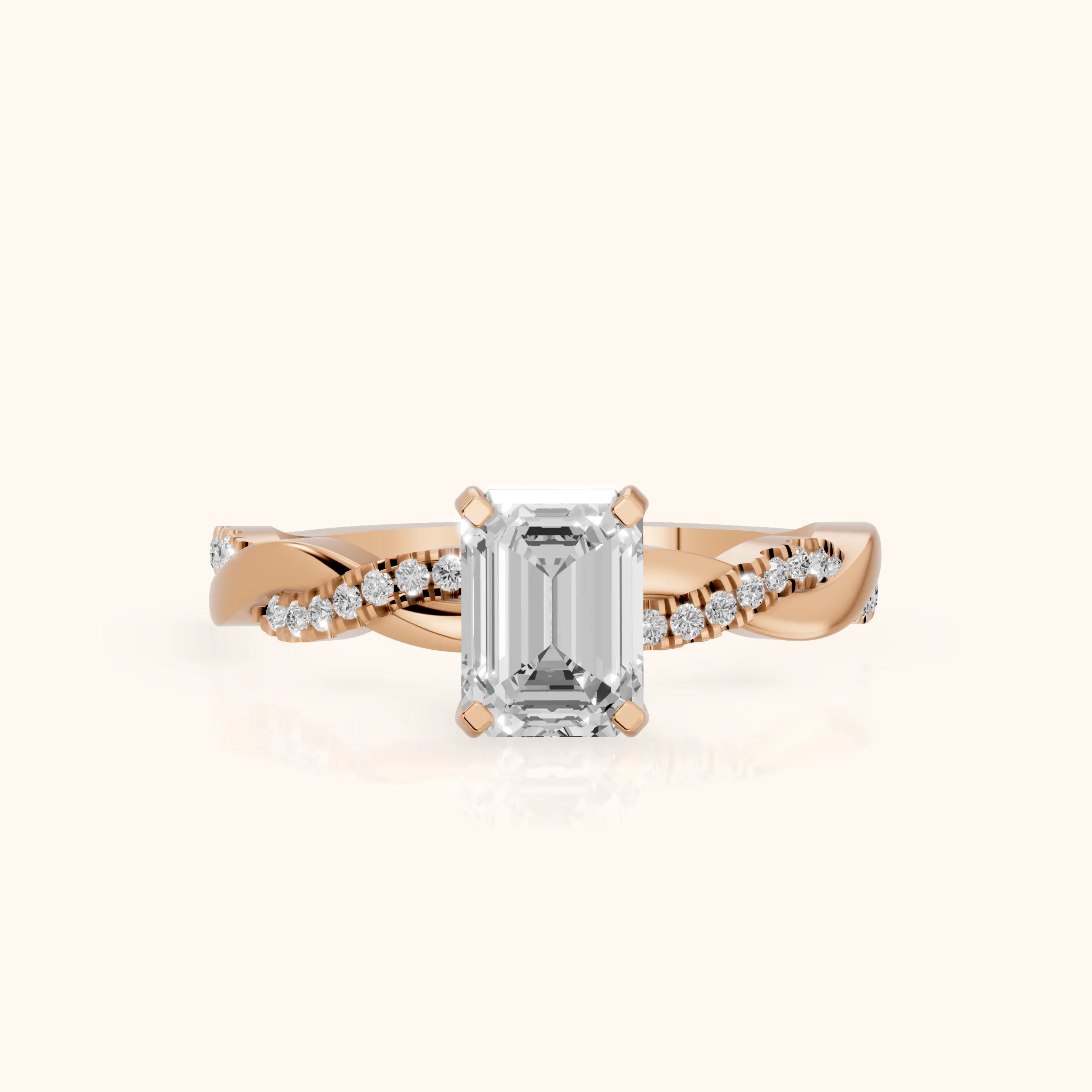 Bague de Fiançailles en Or Rose avec Diamant Émeraude et Pierre Latérale Torsadée — view 1