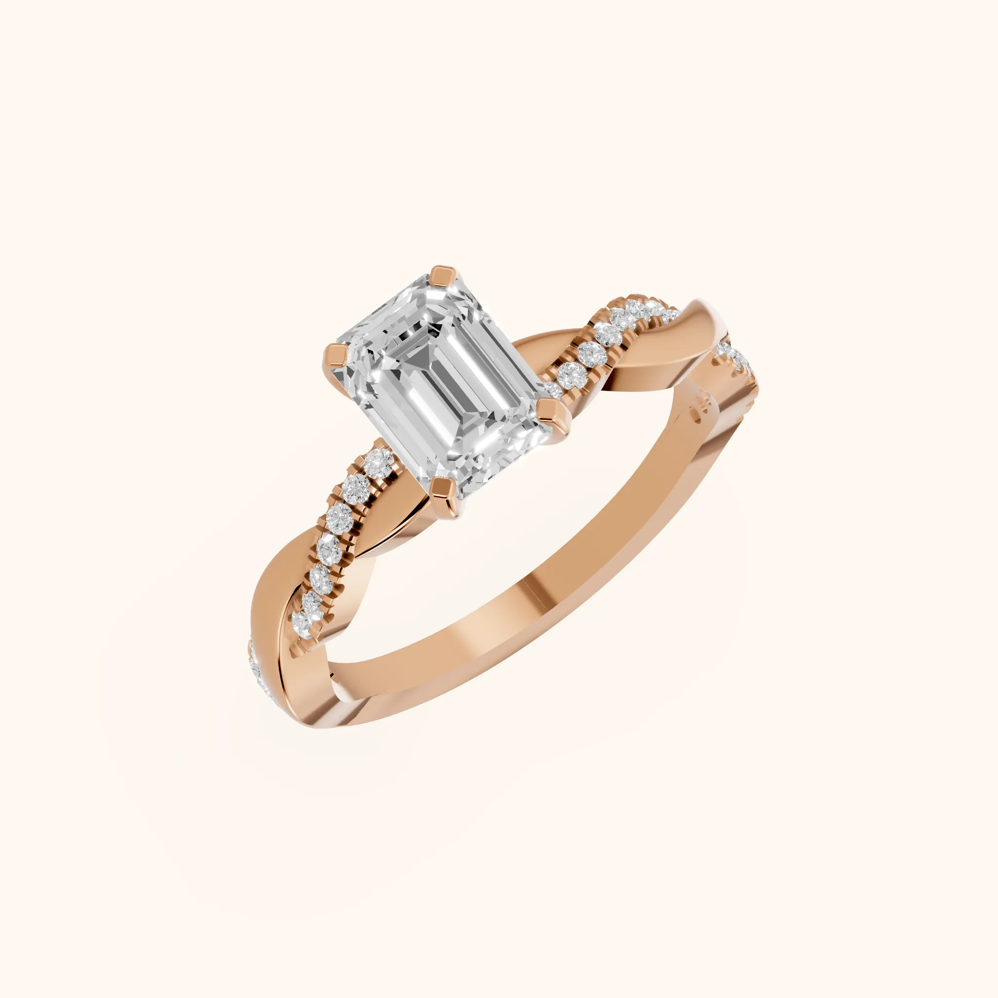 Bague de Fiançailles en Or Rose avec Diamant Émeraude et Pierre Latérale Torsadée