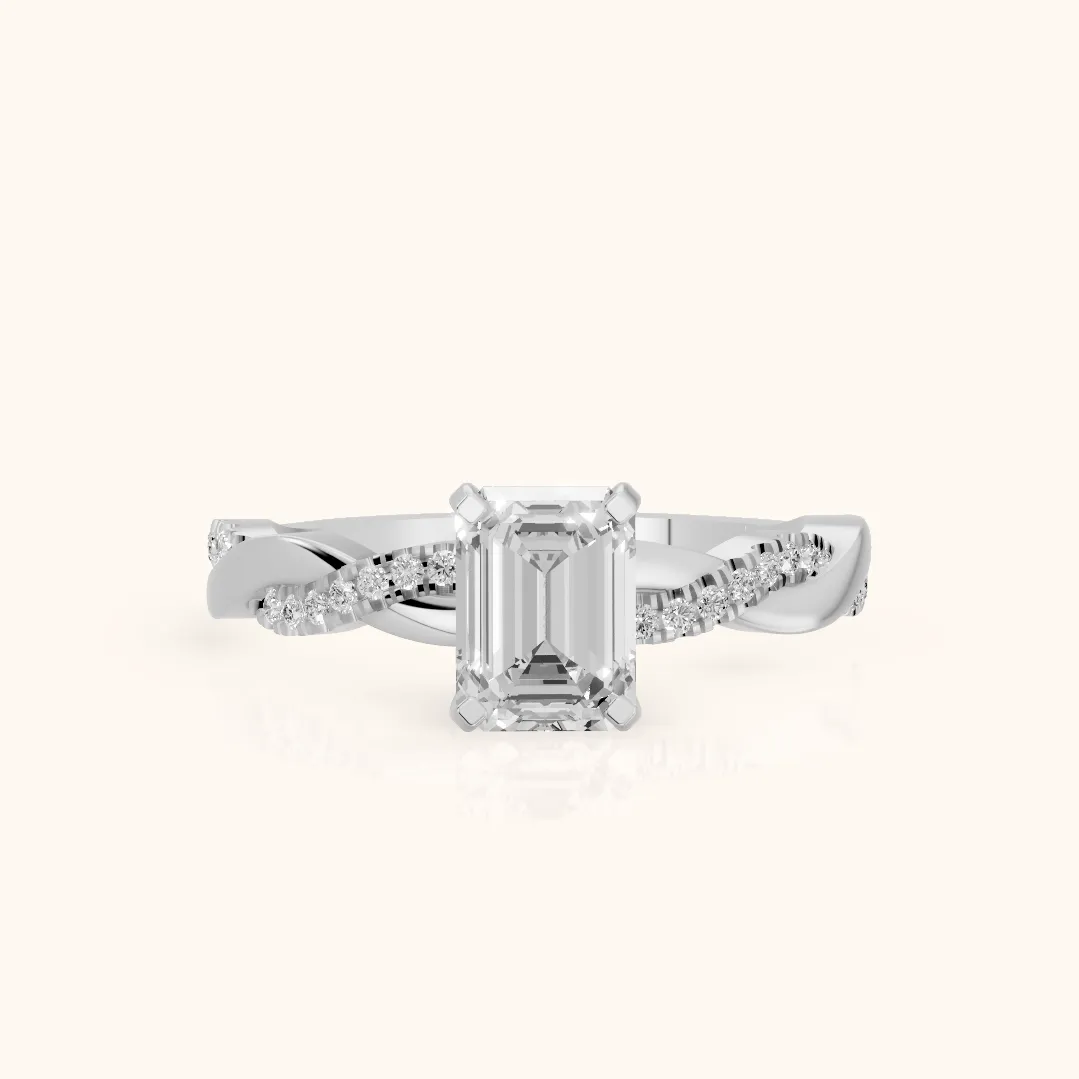 Bague de Fiançailles en Argent avec Diamant Émeraude et Pierre Latérale Torsadée
