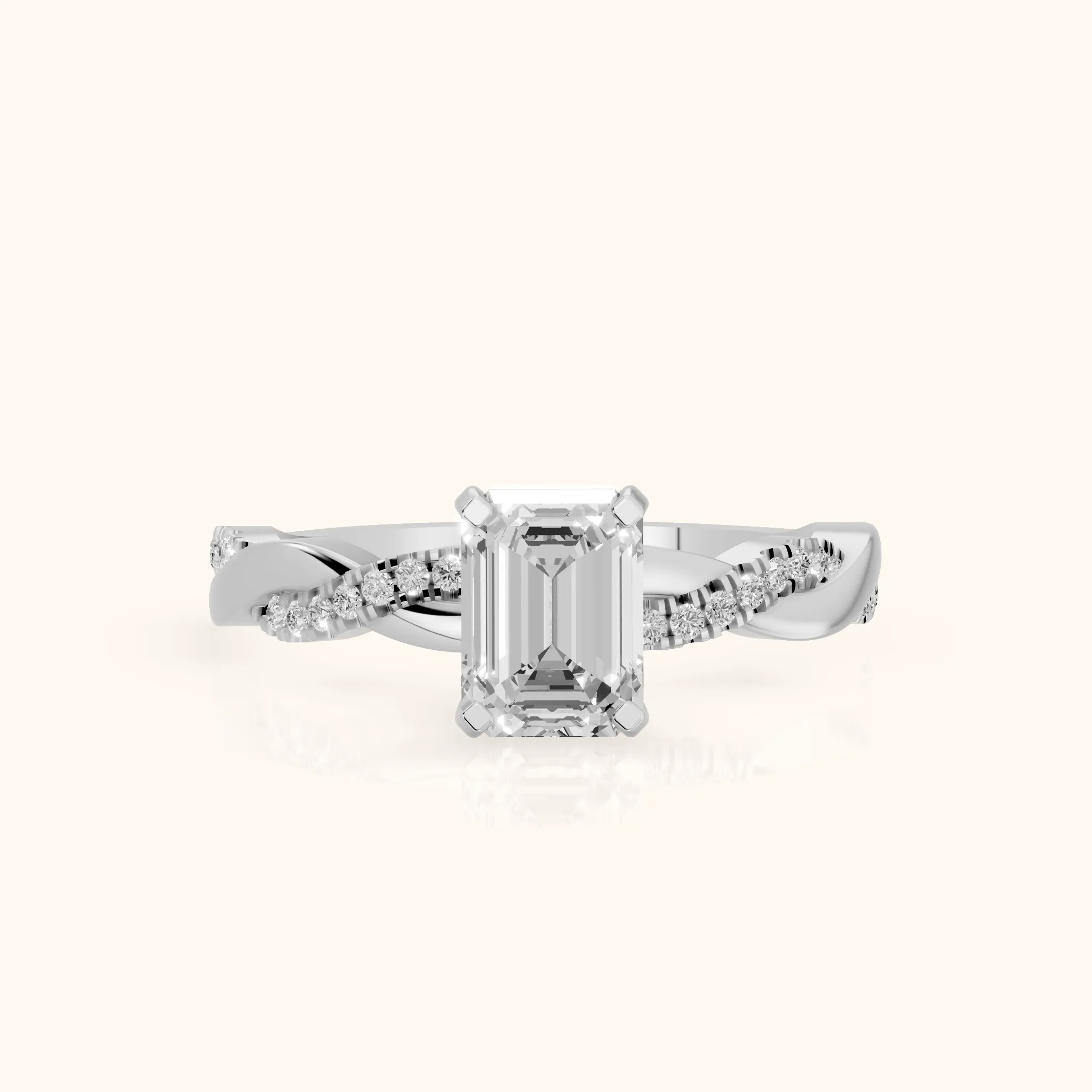 Bague de Fiançailles en Platine Diamant Émeraude et Pierre Latérale Torsadée — view 1