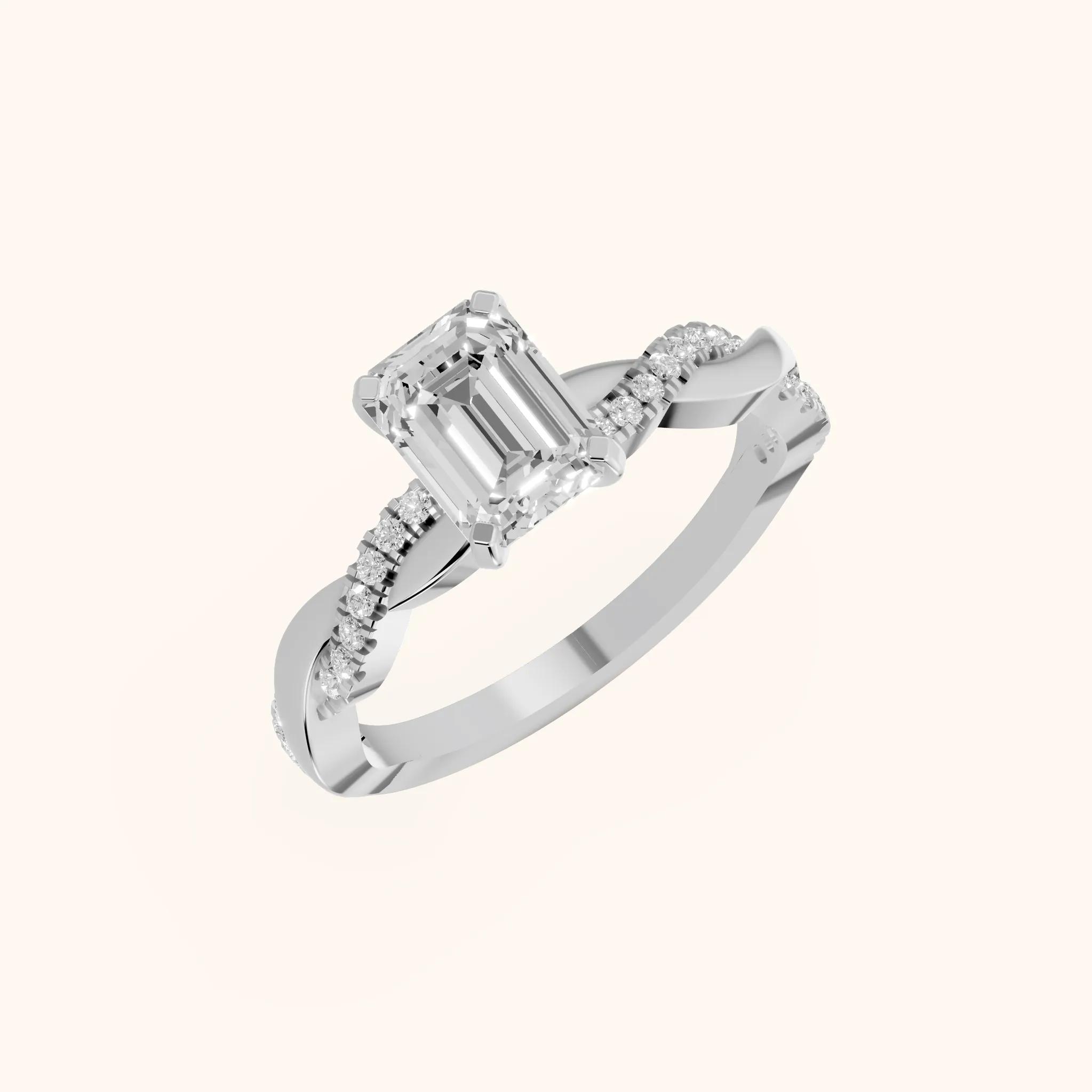 Bague de Fiançailles en Argent avec Diamant Émeraude et Pierre Latérale Torsadée