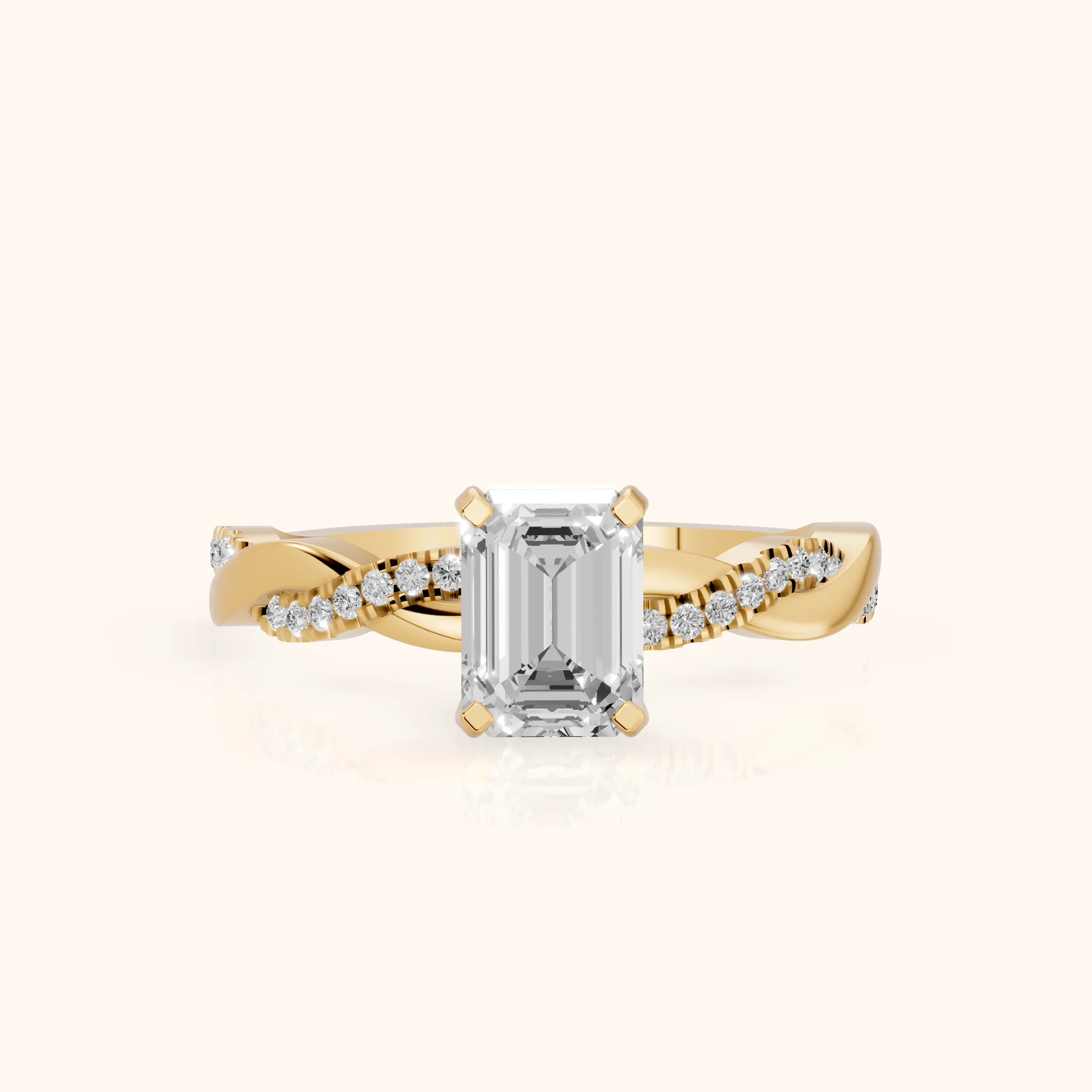 Bague de fiançailles en or jaune avec diamants émeraudes et pierre latérale torsadée — view 1