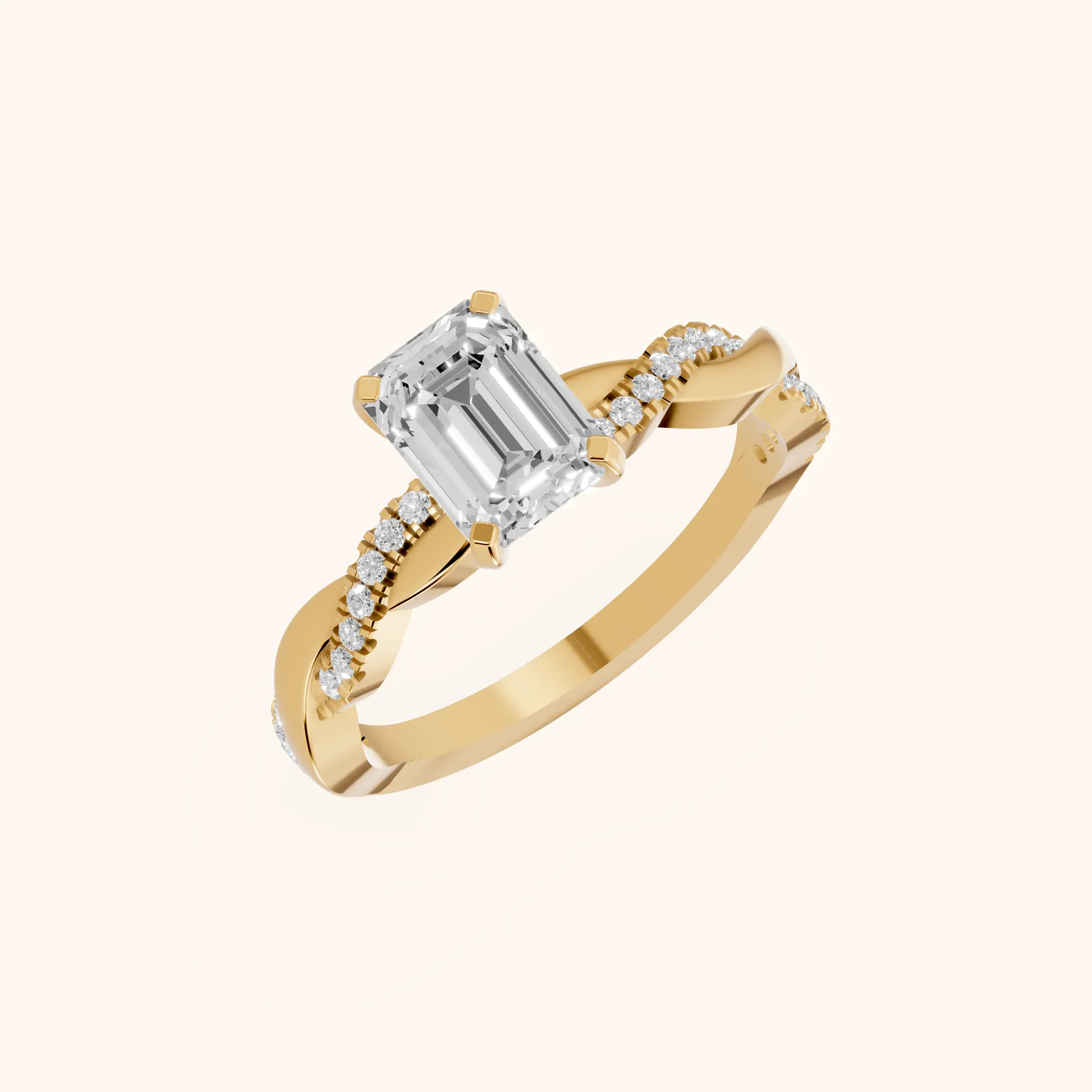 Bague de fiançailles en or jaune avec diamants émeraudes et pierre latérale torsadée