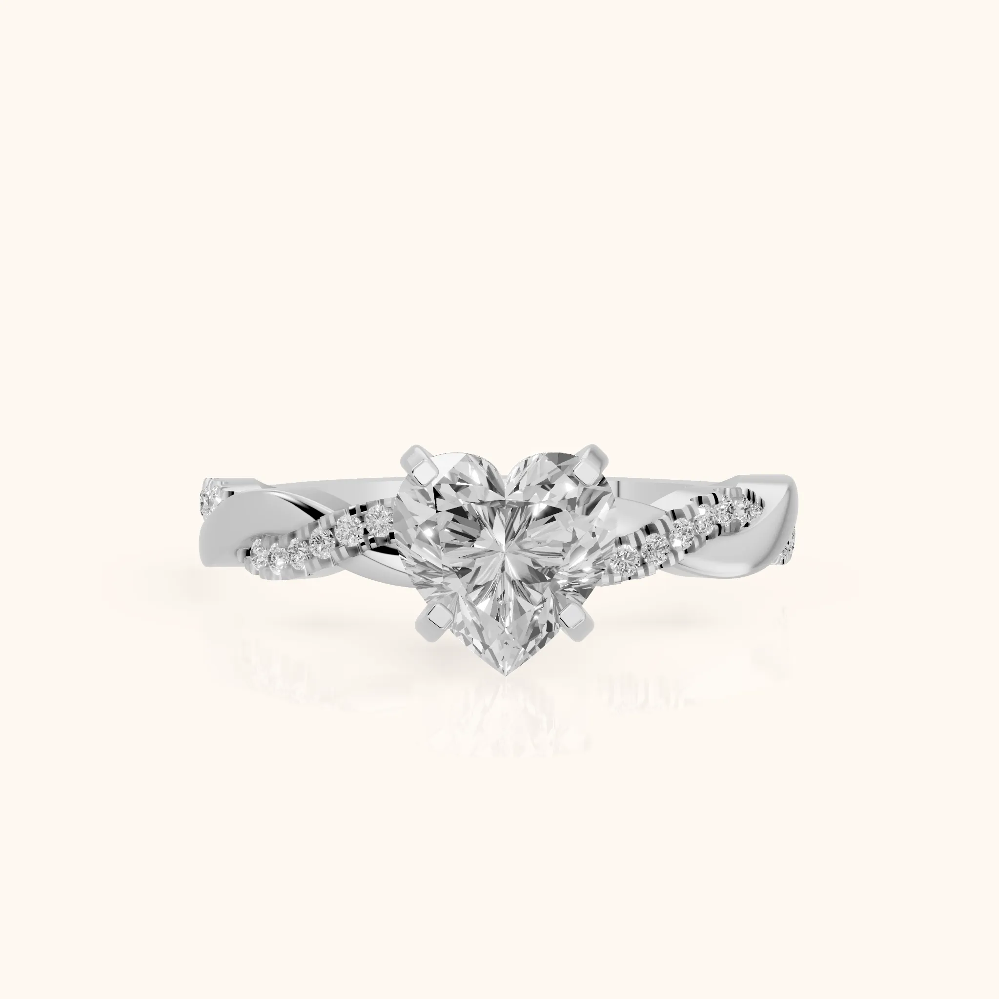 Bague de Fiançailles Cœur Diamant avec Pierre Latérale Torsadée en Platine — view 1