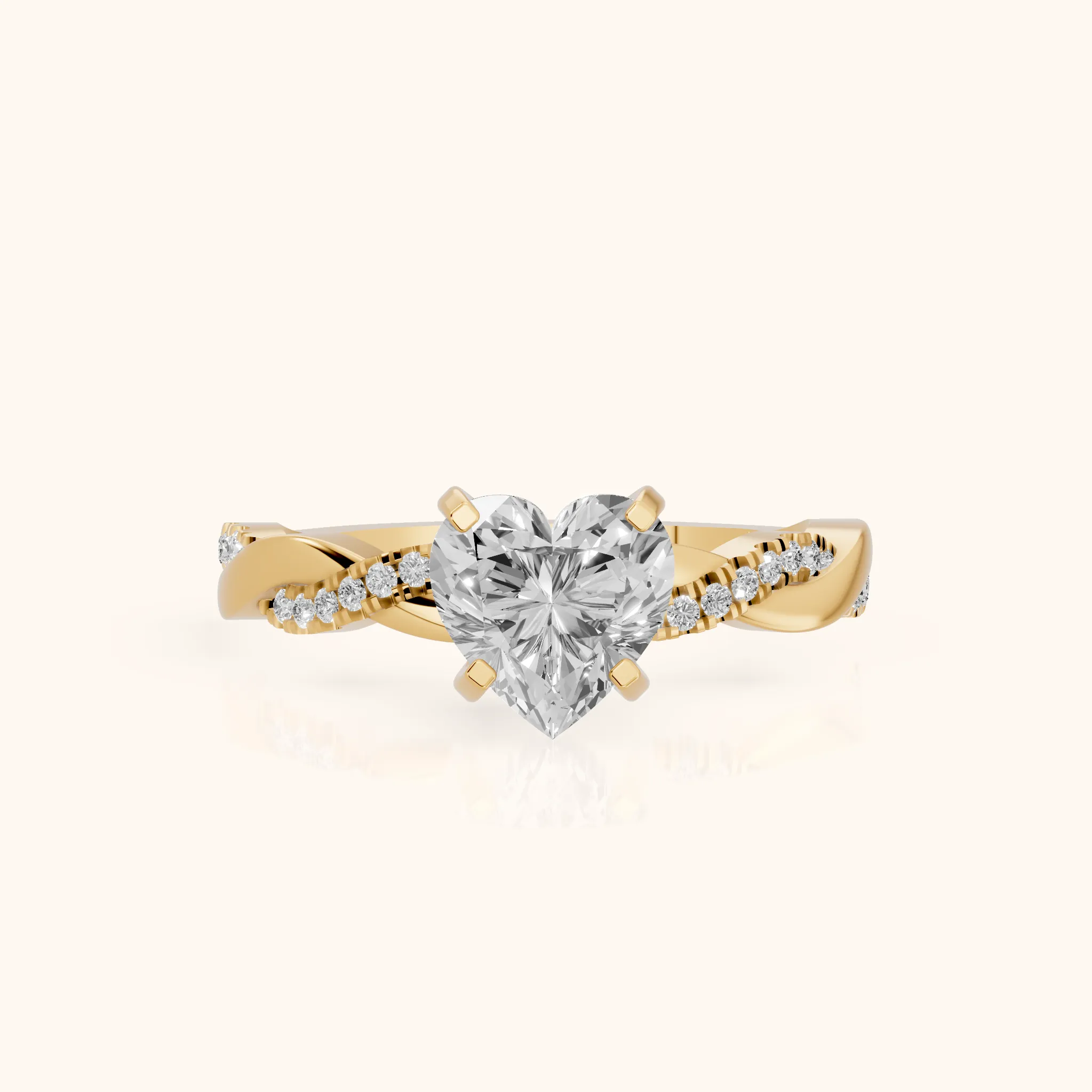 Bague de fiançailles en or jaune avec cœur diamant et pierres latérales torsadées — view 1